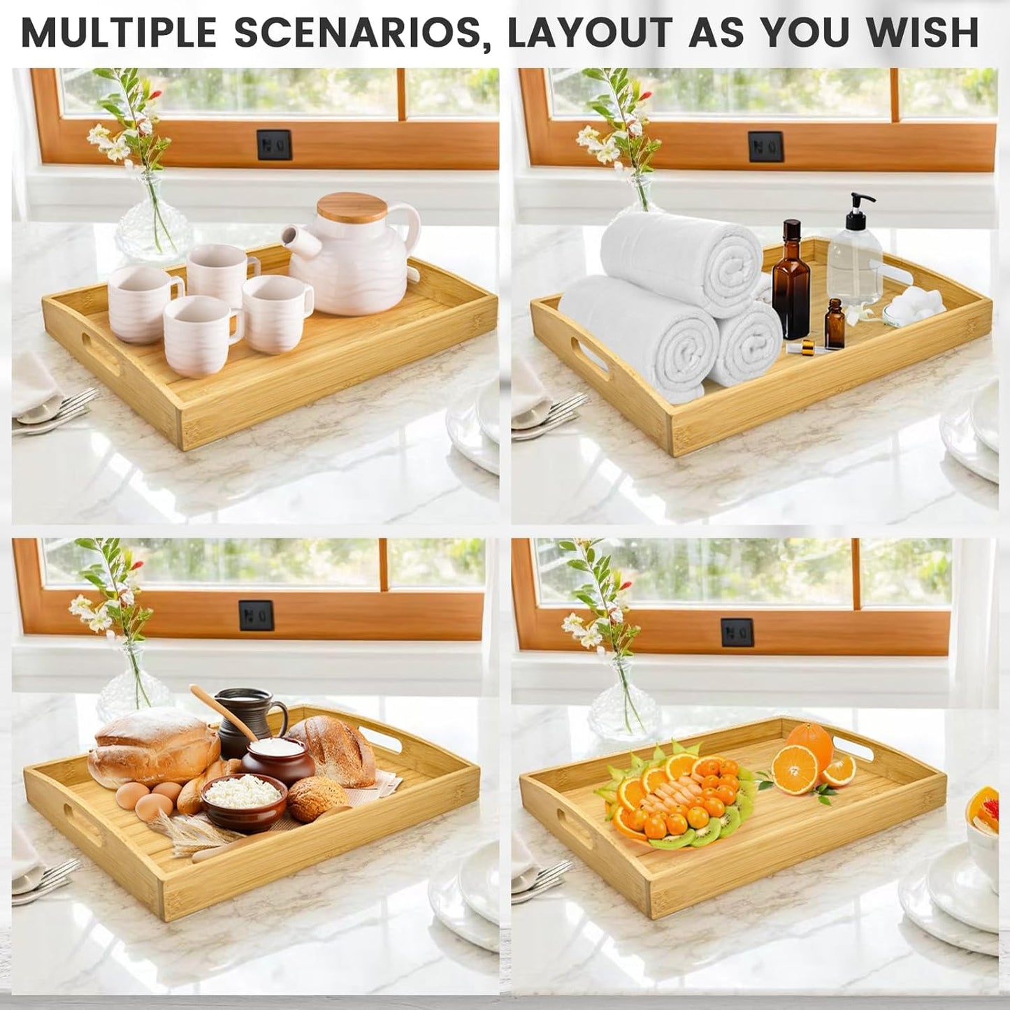 Bamboo Serving Tray with Handles Set of 4 - Decorative Wooden Trays for Eating, Working, and Storing, Suitable for Use in Bedroom, Living Room, Kitchen, Bathroom, Outdoor Scenarios and More