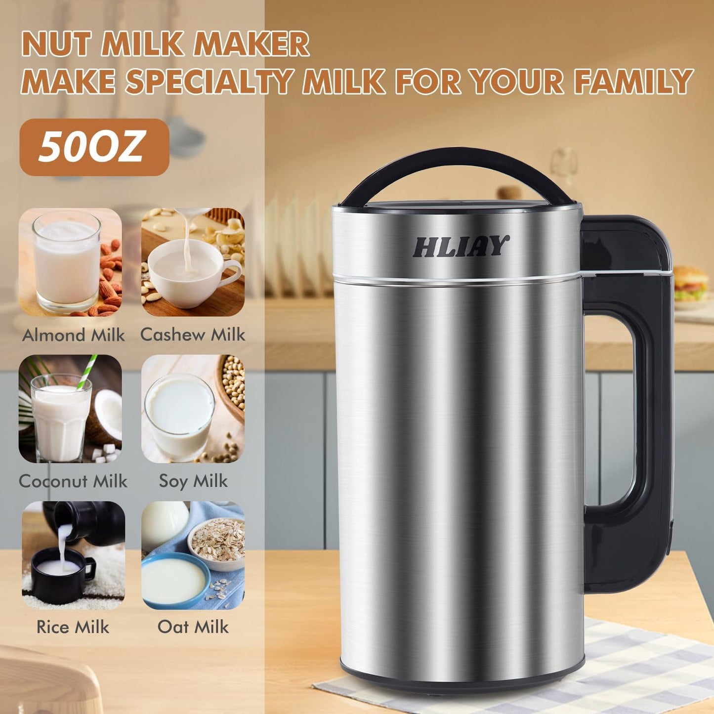 Automatic Nut Milk Maker Machine 50oz(Built-in Strainer), 6-7 Cups Per Batch, 100% Food Grade Stainless Steel 7-IN-1 Multifunctional Almond Milk Maker for Homemade Oat, Coconut, Soy&Plant Based Milks