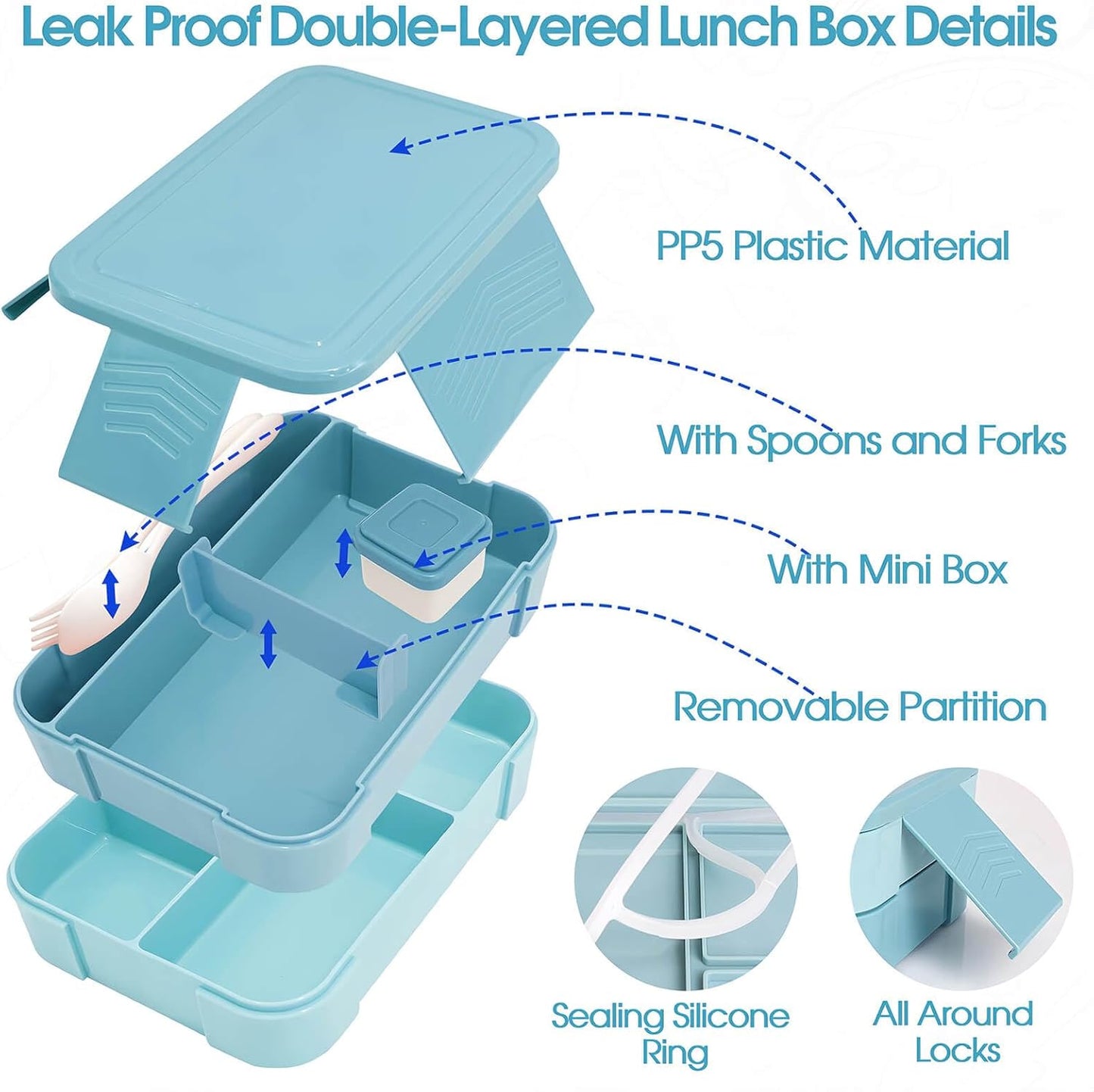 Kids Lunch Bag with 10oz Thermos, with 6 Compartment Bento Box, Blue Nylon Insulated Preppy Lunch Box Adjustable Strap Birthday Gift for Girl Kids Teens Picnic School Travel