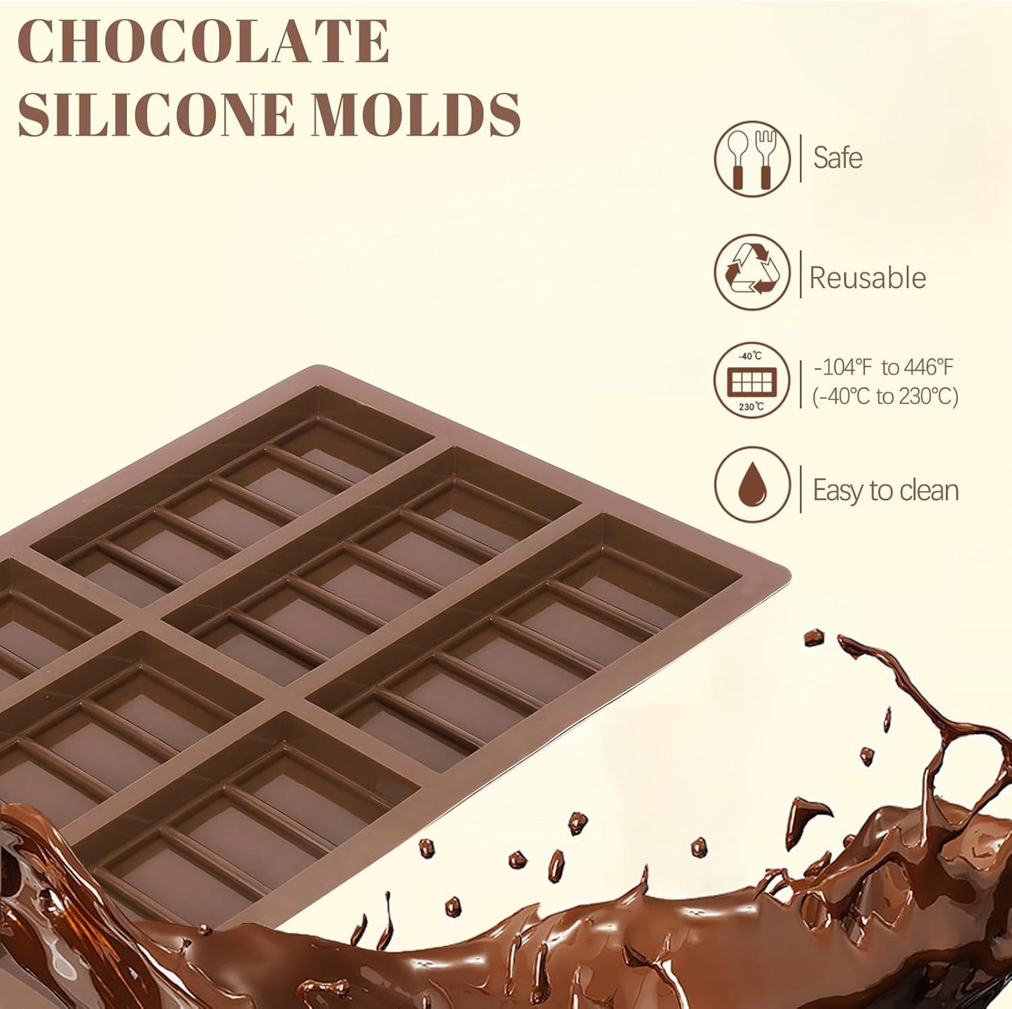 2 Pack Chocolate Bar Mold Deep for Stuffed Bar, Non-Stick Thick Chocolate Molds, Silicone Chocolate Candy Molds for Knafeh Pistachio Chocolate Bar, Candy, DIY Handmade Gifts (2 Pcs 10Snap)