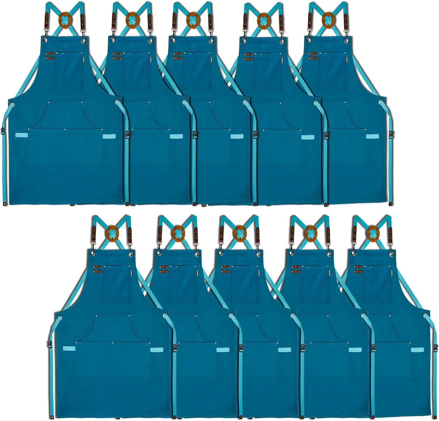 10 Pack Kitchen Aprons, Work Apron, Canvas, Multiple Pockets, Gardening, Painting, BBQ, Artist, Carpenter, Sizes M to XXL, Blue