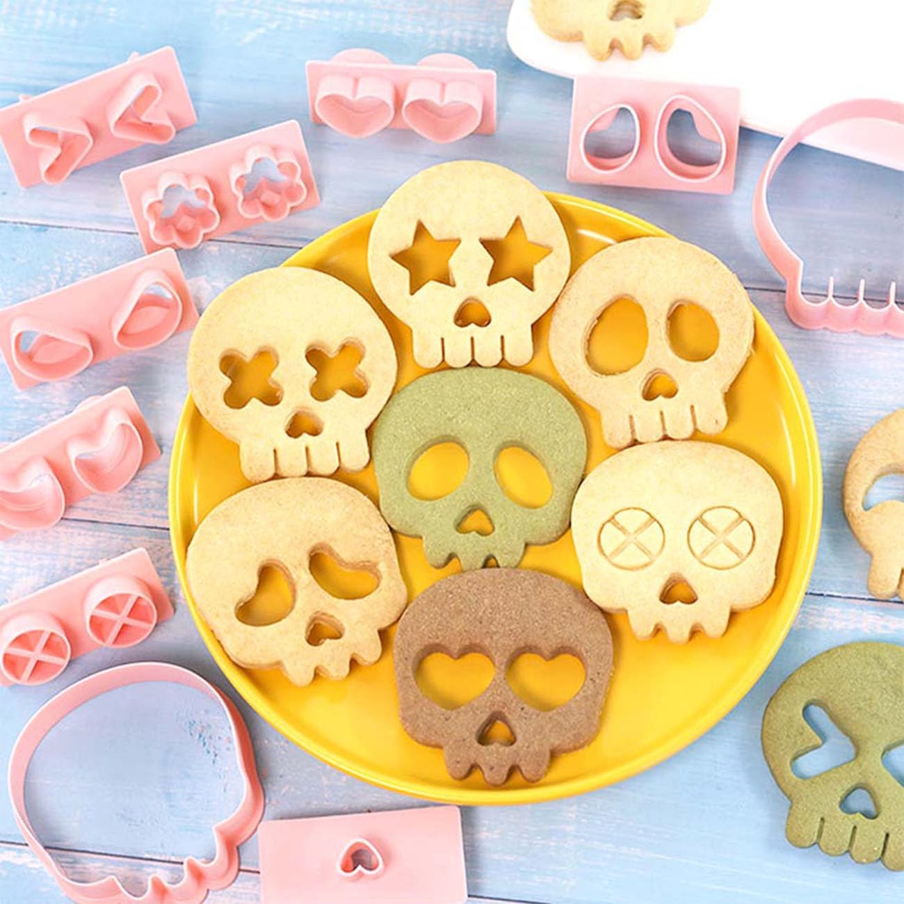 Mini Skull Cookie Cutter Set, Interchangeable DIY Halloween & Día de los Muertos Biscuit Stamps, 3D Raised Design Molds for Cookie Decorating, Cupcakes, Day of the Dead Pastries & Party Treats