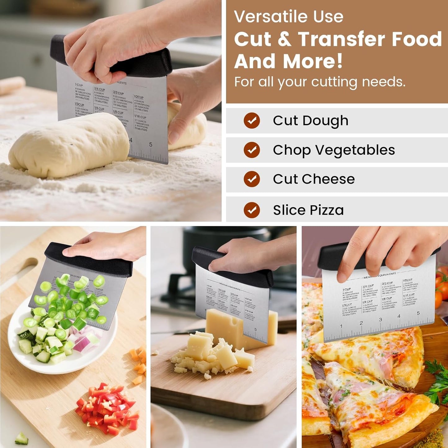 SCHVUBENR Premium Dough Scraper Set with 2 Flexible Bowl Scrapers - Stainless Steel Dough Cutter & Bench Scraper with Measuring Scale - Versatile Kitchen Scraper for Bread, Pastry, Pizza, Cake - Black