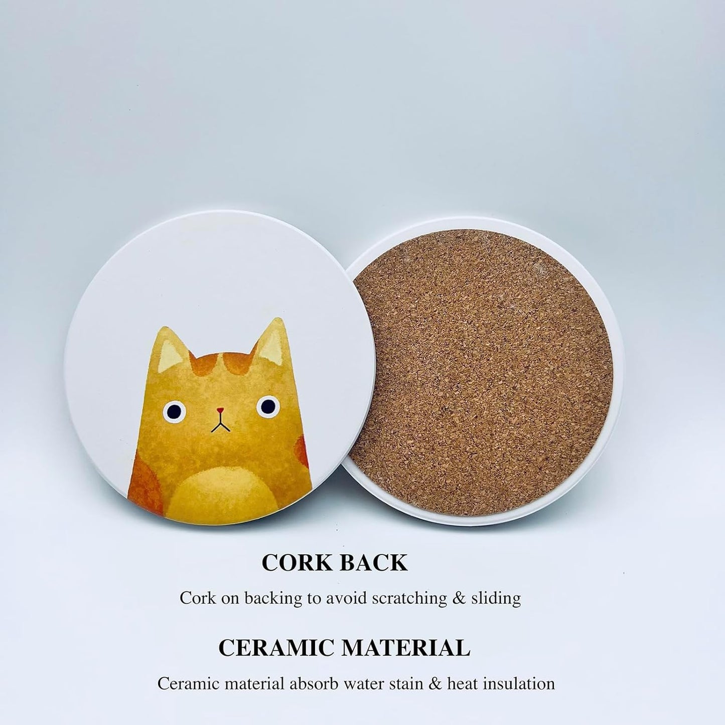 Coasters Set of 6 Round Ceramic Stone Absorbent Cute Cat Drinks Coasters for Cups and Mugs, Coffee Table, Office Desk, Outdoor Patio Table, Tabletop Surface Protection