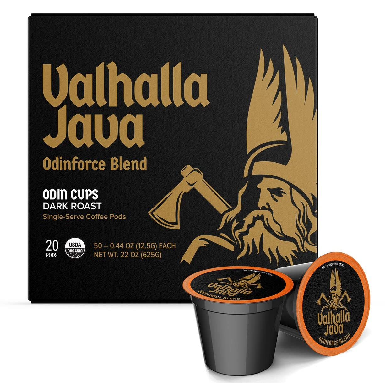Death Wish Coffee, Valhalla Java Single Serve Pods - Extra Kick of Caffeine - Dark Roast Coffee Pods - Made with USDA Certified Organic Fair Trade Arabica and Robusta Beans (20 Count)