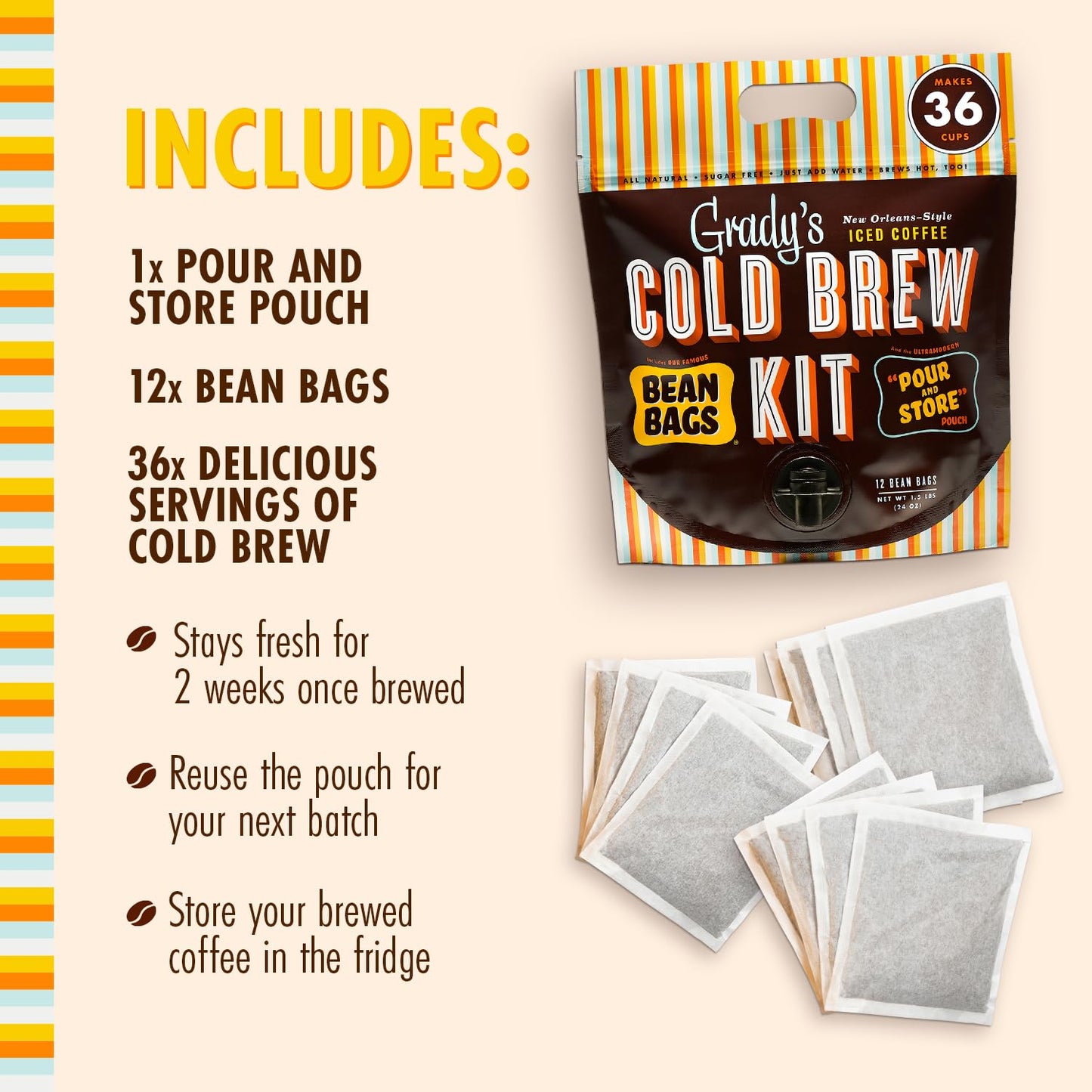 GRADY’S COLD BREW, New Orleans Style, 100% Arabica Ground Coffee & Chicory Pouches, 2 All-in-One Cold Brew Kits, each with 12 Easy-to-Brew Beans Bags, Makes 72 drinks
