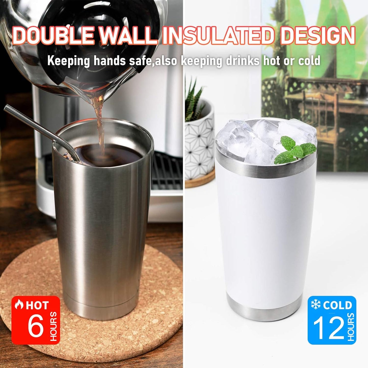COMOOO 20oz Double Wall Vacuum Insulated Travel Mug, Stainless Steel Tumbler with Lid and Straw Durable Powder Coated Insulated Coffee Cup for Cold & Hot Drinks (Silver. 2 pack