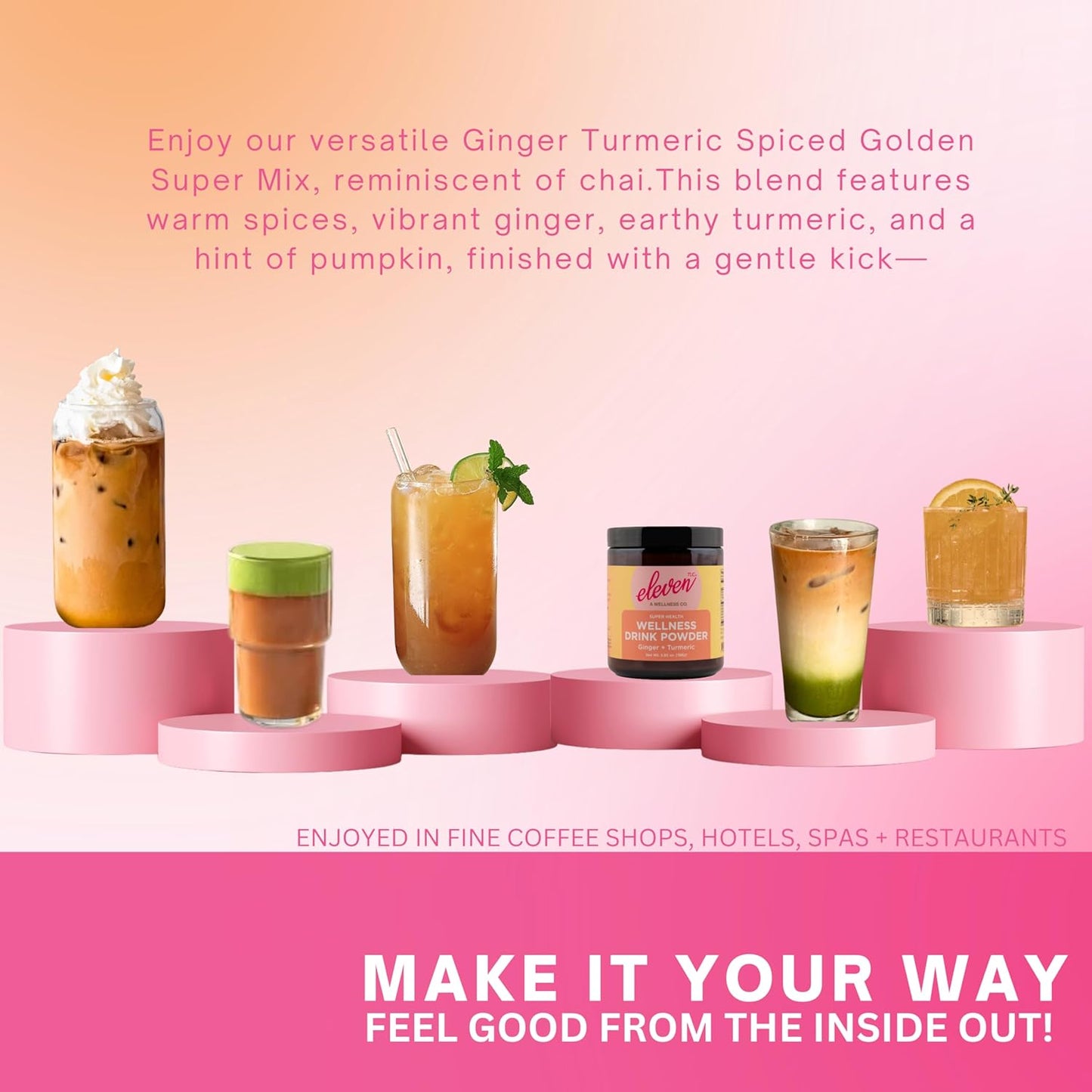 Eleven TLC, Organic Ginger Turmeric Spiced Golden Superfood Instant Latte & Drink Mix, Herbal Ginger Tea, Golden Milk Powder, Moon Cycle Non-Reactive Glass Jar, MD Formulated, 21 Servings