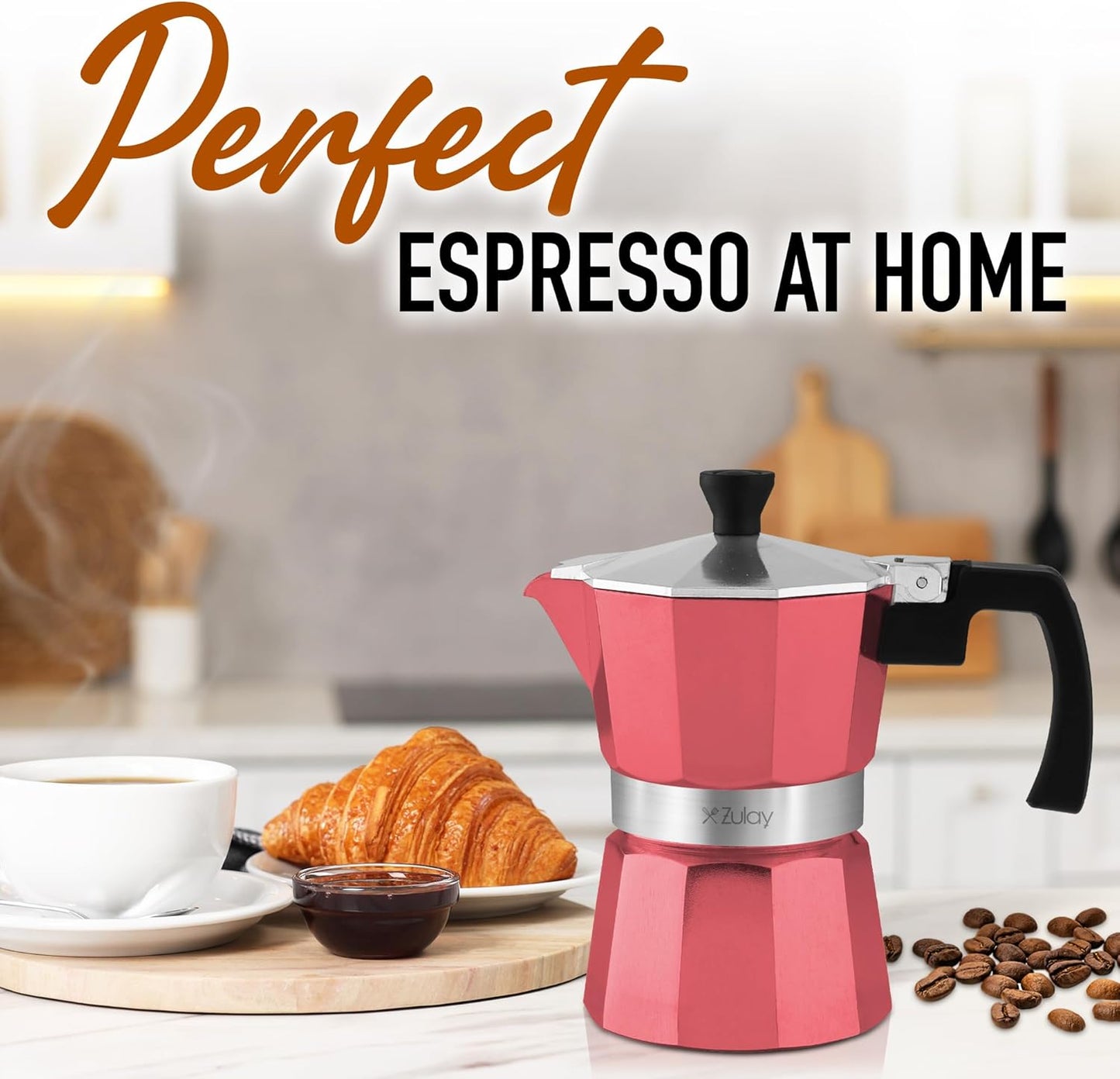 Zulay Moka Pot Espresso Stovetop Coffee Maker - Leak-Proof, Stainless Steel, Easy to Clean, Heat Resistant Handle & Knob - for Authentic Cuban & Italian Style Espresso - Makes 6 Espresso Cups - Red