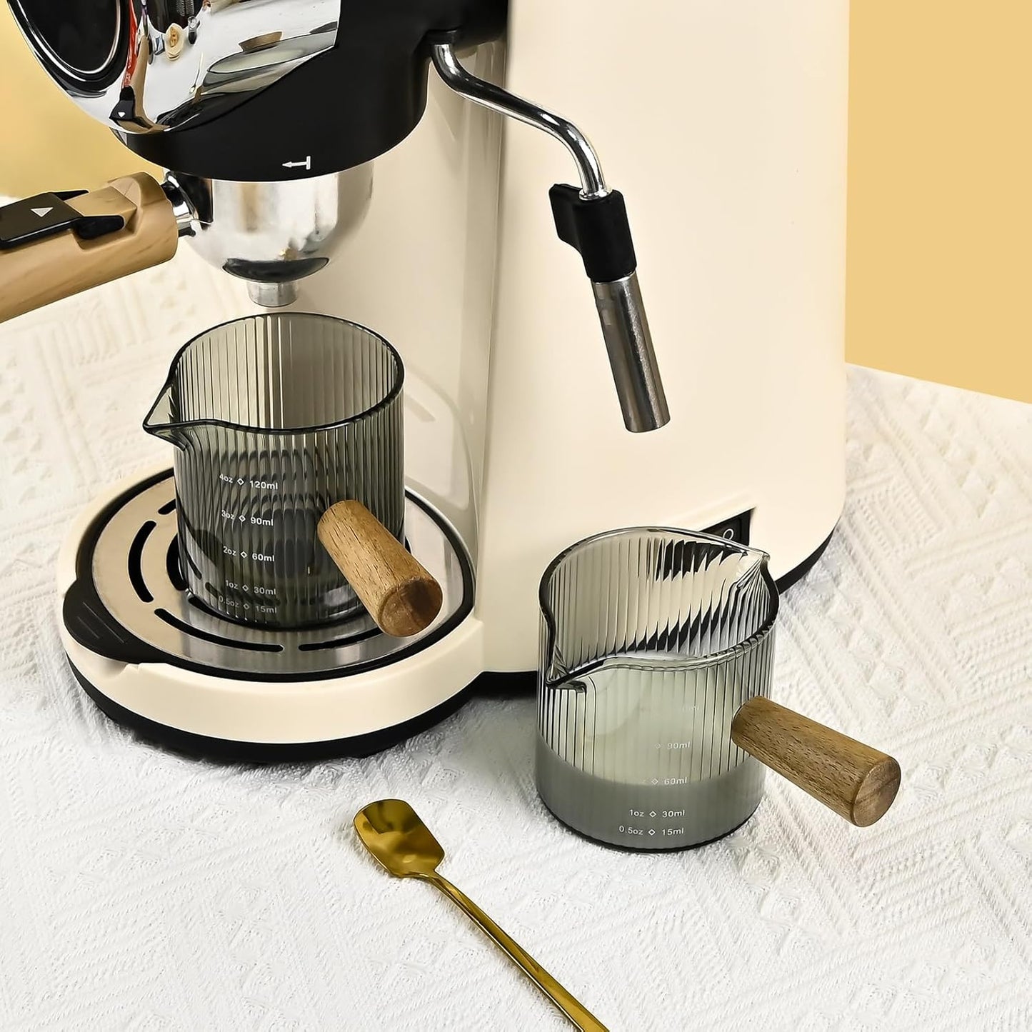 Glass Measuring Cup, 4oz Espresso Shot Glass with Wood Handle, Double Spouts Measuring Triple Pitcher Milk Cup for Coffee Tea (Gray Ribbed)