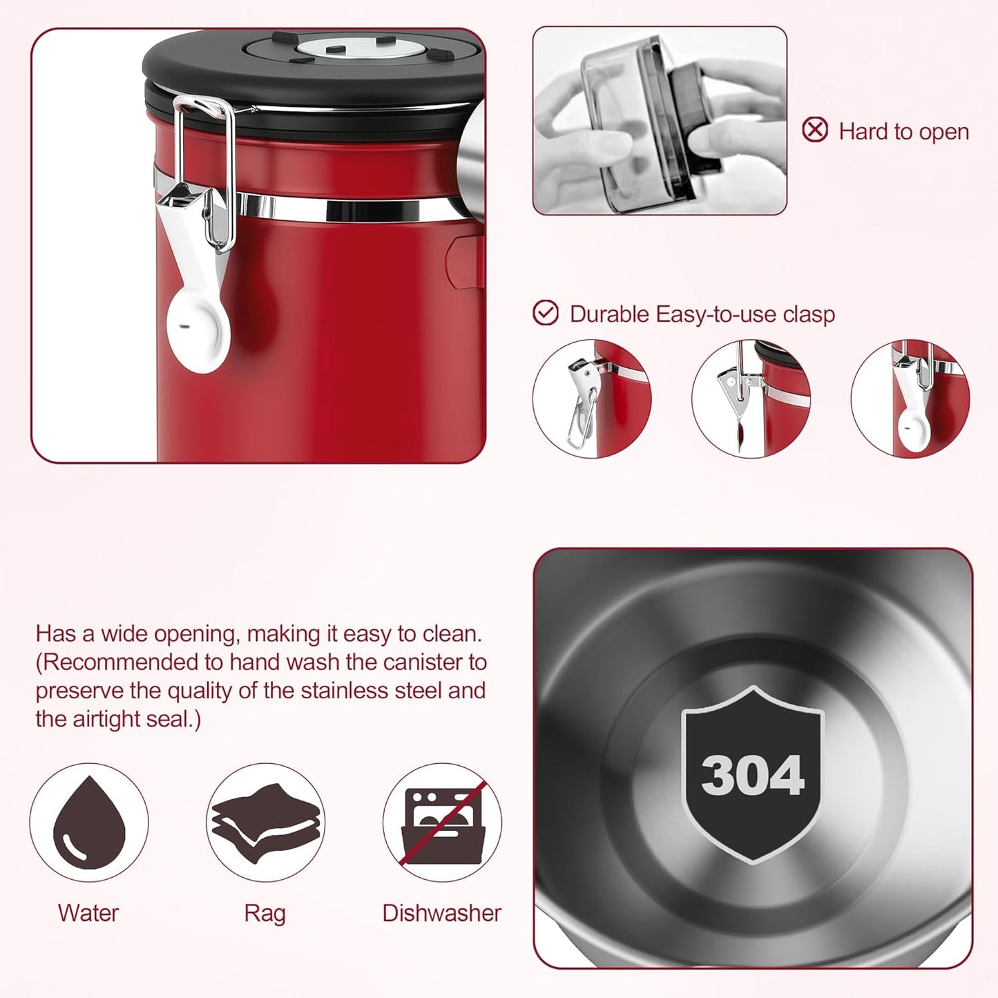 ShanSon Coffee Canister Airtight Coffee Container Stainless Steel Coffee Bean Storage Container with Scoop Coffee Canister for Beans Grounds Sugar Flour Tea Cereal,22OZ,Red