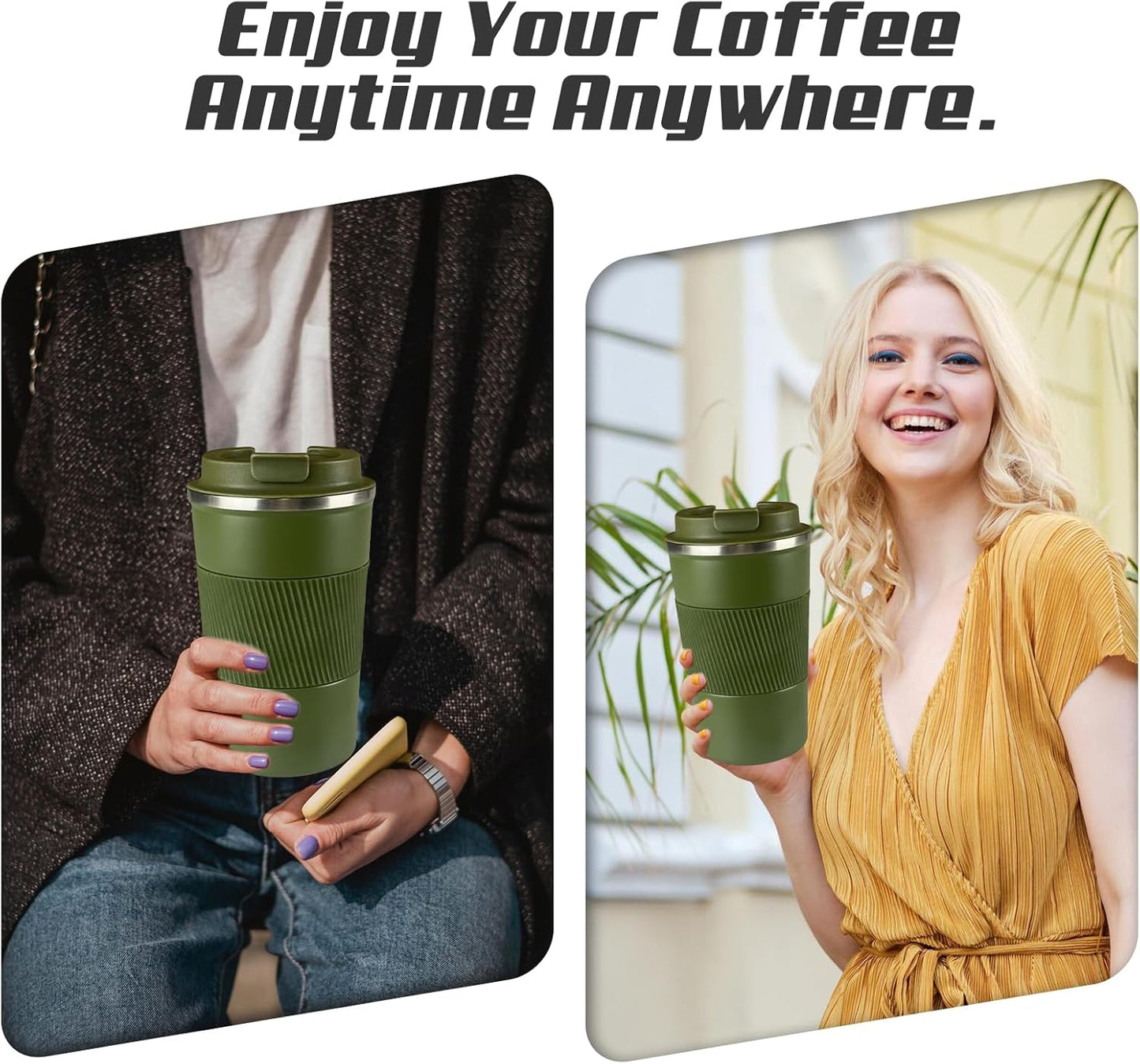 Vacuum-Insulated Stainless Steel Travel Coffee Mug, Leak-Proof Reusable Coffee Cup with Lid - Keep Hot & Cold Drinks for Hours, Durable Thermos Tumbler for Men & Women (3rd-Green, 12OZ)