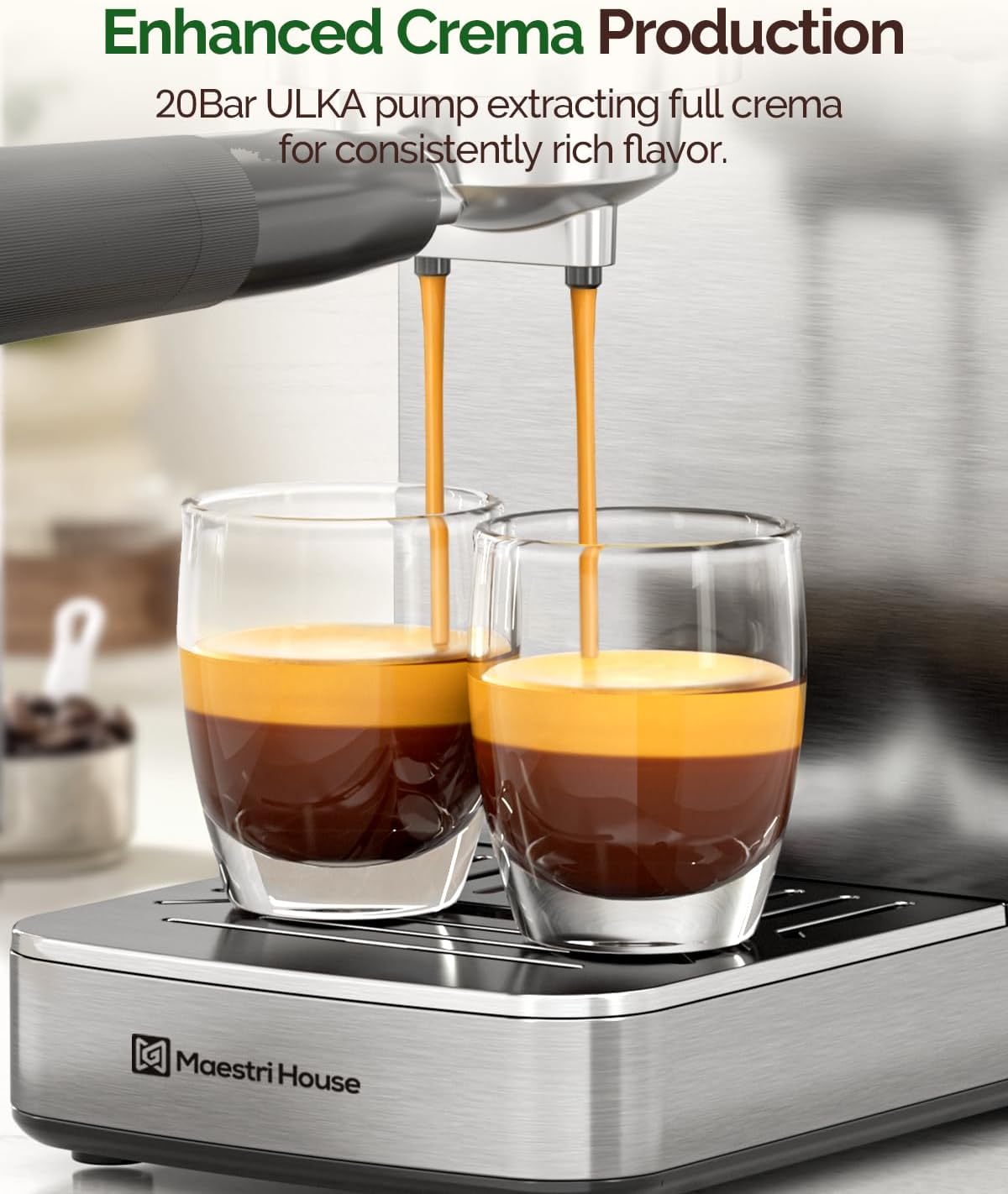 Maestri House Espresso Machine, 20 Bar ULKA Pump, Compact Espresso Maker Built-in Flow Meter Steam Milk Frother, Stainless Steel Coffee Machine for Cappuccino, Latte (Silver)