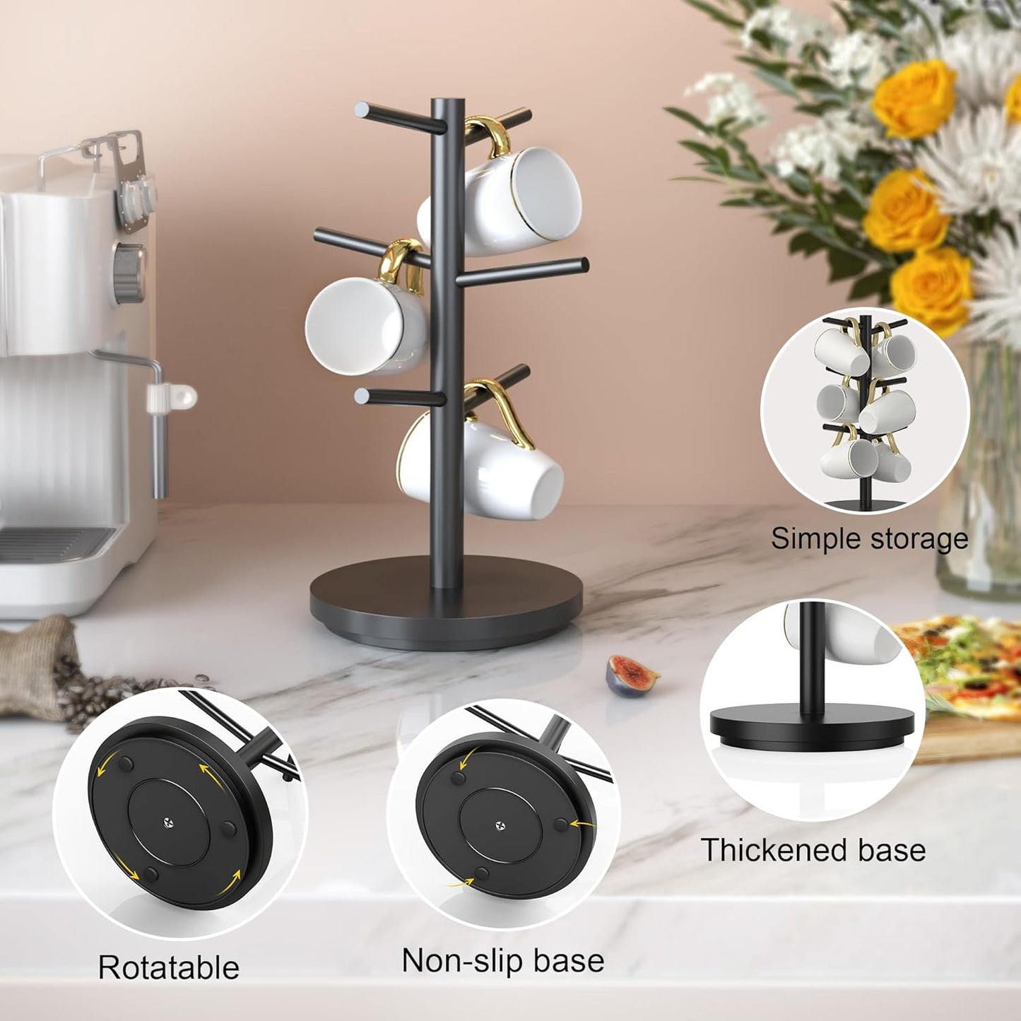 Wisuce Coffee Mug Holder Tree Upgraded 360Rotated Cup Holder for Counter Black Wood Cup Tree Mug Rack Organizer Stand with 6 Hooks for Kitchen Coffee Bar Accessories