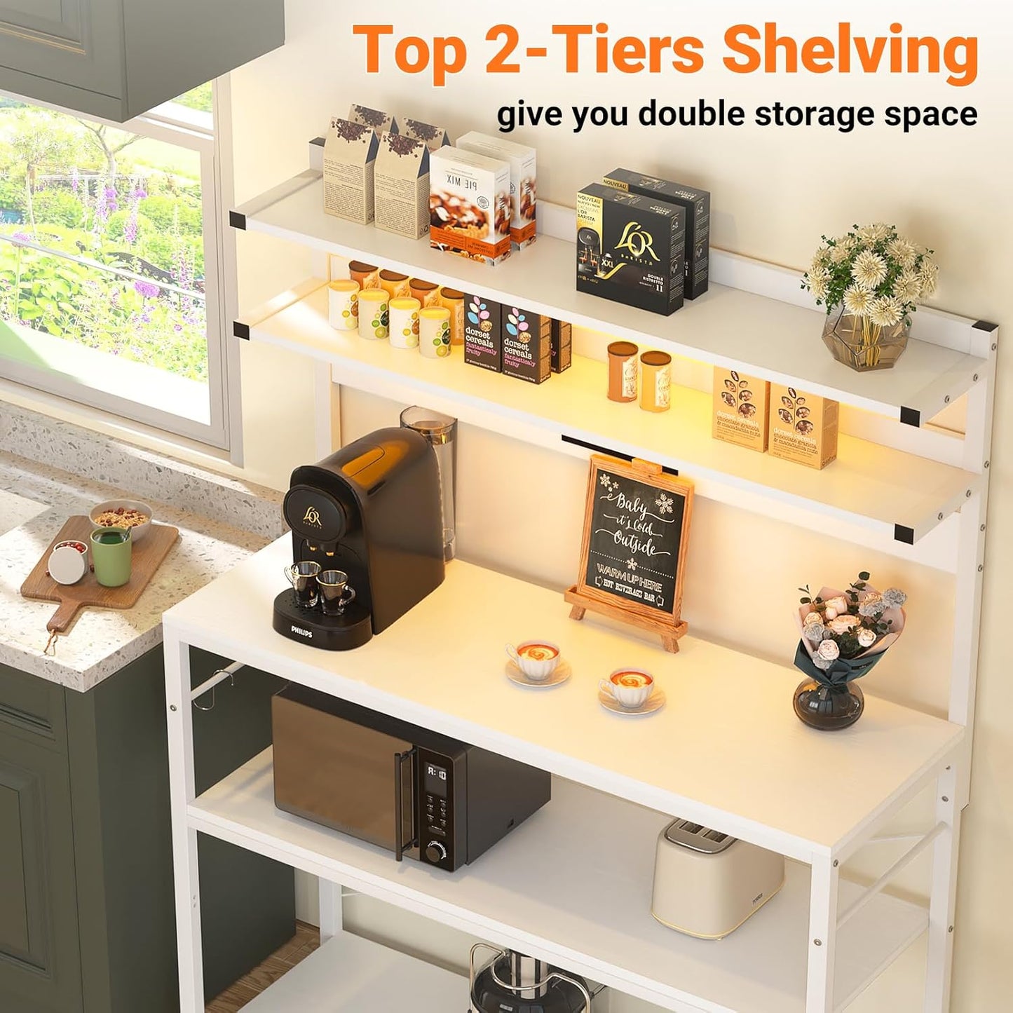 Aheaplus Bakers Rack with Power Outlet, Microwave Stand, 5 Tiers Coffee Bar Station with Led Lights, Kitchen Storage Shelf with 6 S-Shaped Hooks, Kitchen Rack Coffee Bar Stand, White