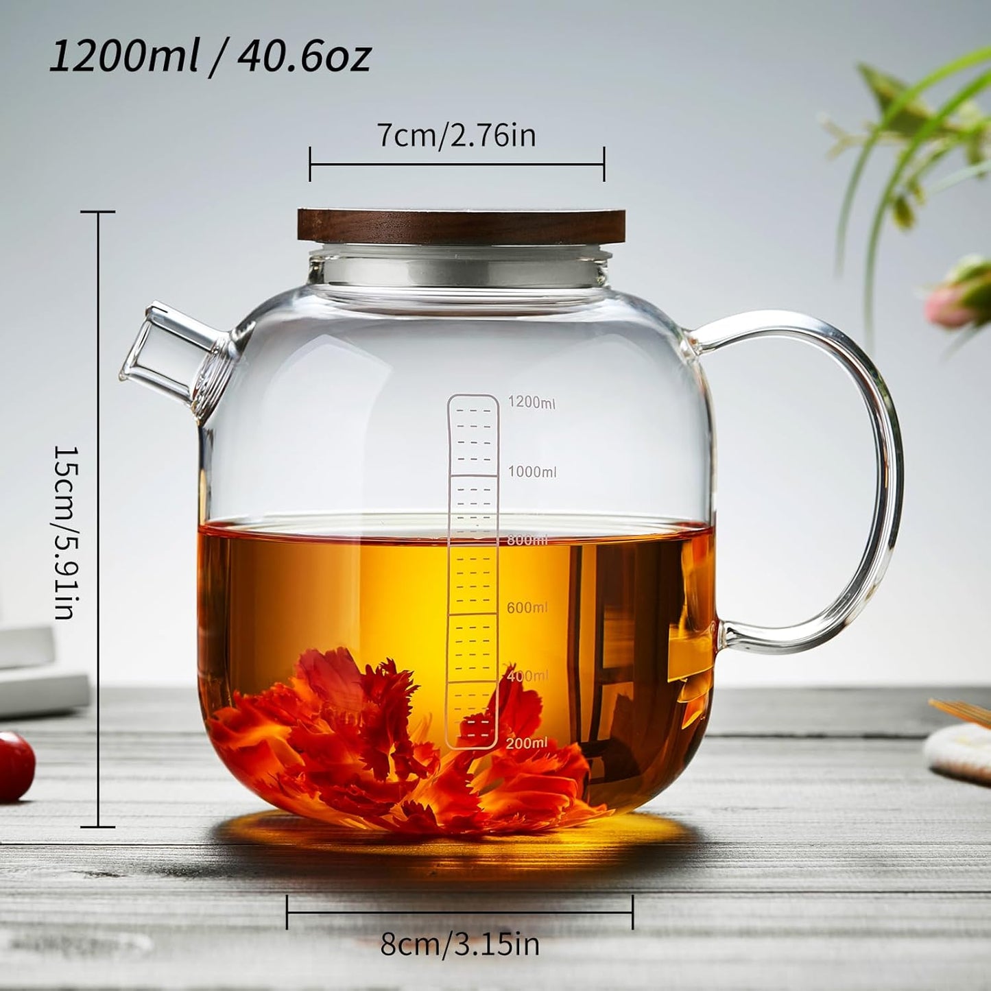 Glass Pitcher with Lid and Spout, 40OZ Glass Water Jug, Glass Carafe for Hot/Cold Water, 1200ml Glass Water Pitcher for Fridge, Glass Teapot, Large Iced Tea Pitcher for Homemade Beverage
