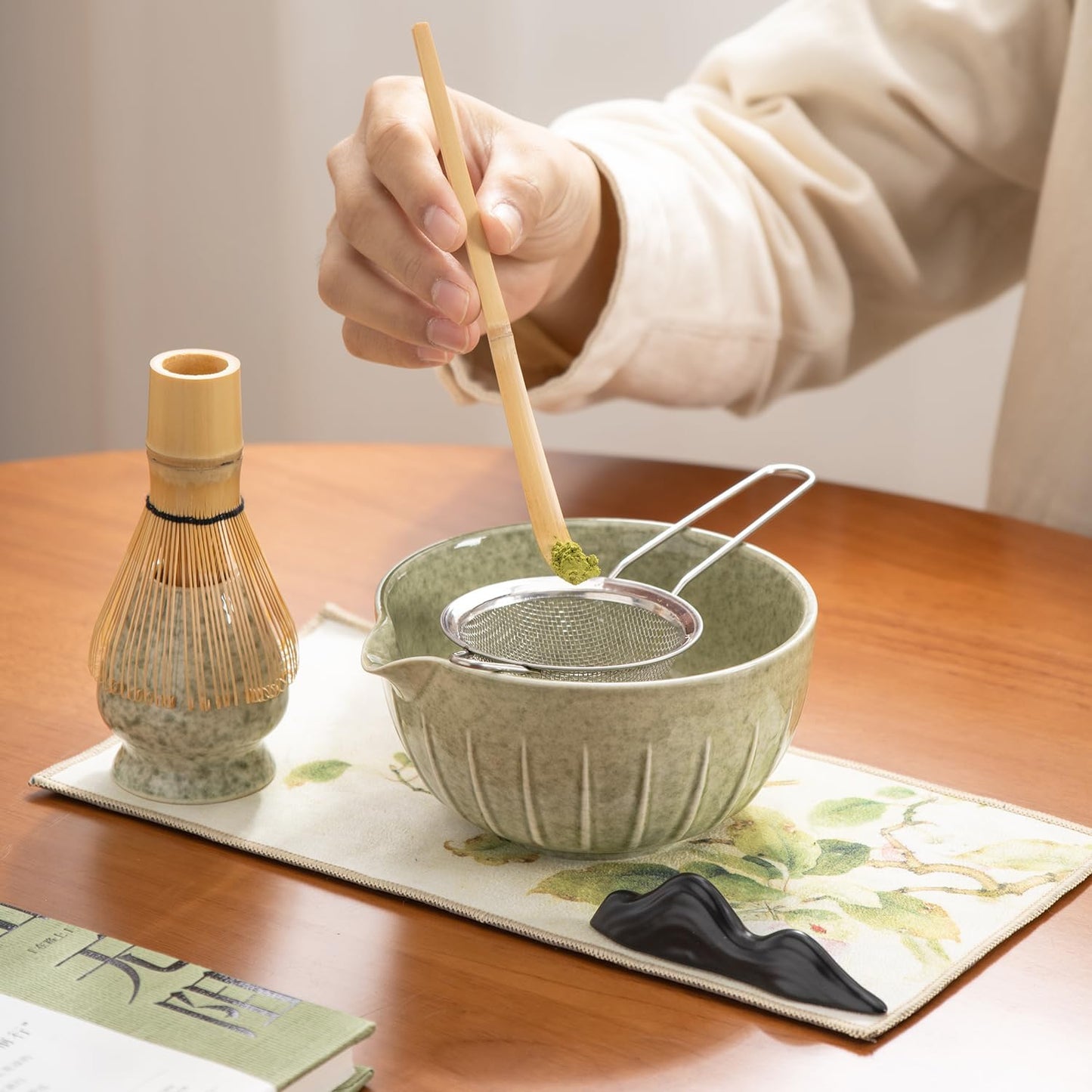 Japanese Matcha Ceremony Accessory, Matcha Whisk, Traditional Scoop (Chashaku), Tea Spoon, Whisk Holder, 1 tea bowl, 1 tea siev, The Perfect Set to Prepare a Traditional Cup of Matcha. (waitu001)