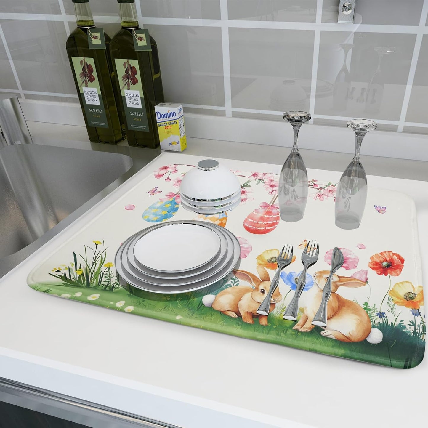 Giwawa Easter Bunny Dish Drying Mat, Spring Rabbits Eggs Hunt Dish Drainer Mats for Kitchen Countertop, Watercolor Floral Absorbent Reversible Dish Drying Pad Decor, 18x24inches, Large
