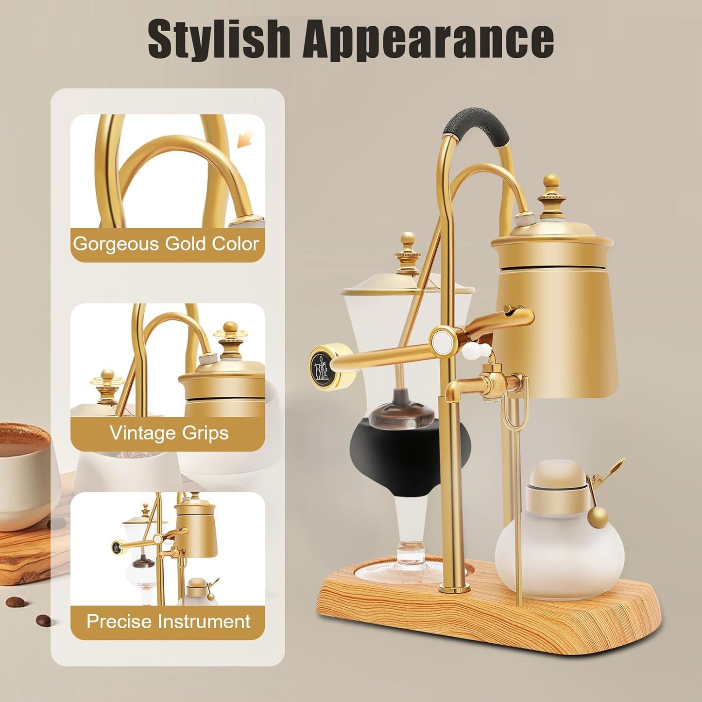 Balance Siphon Coffee Maker, Coffee Brewer Vintage with Alcohol Burner Bottle and Measuring Cup Spoon, 400ml Gravity Coffee Maker for Personal Kitchens Coffee Shops (Gold)
