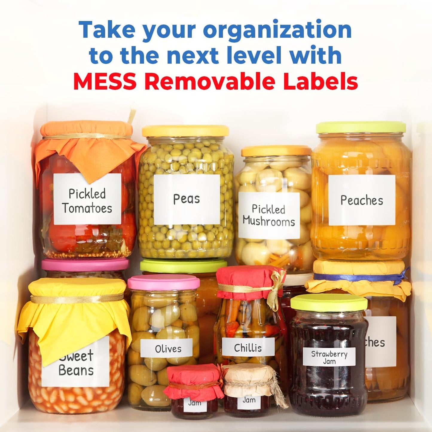 MESS Removable Food Labels for Containers (48-Pack) 3x4" Erasable Kitchen Labels for Organizing, Freezer & Fridge, White Dry Erase Labels for Jars