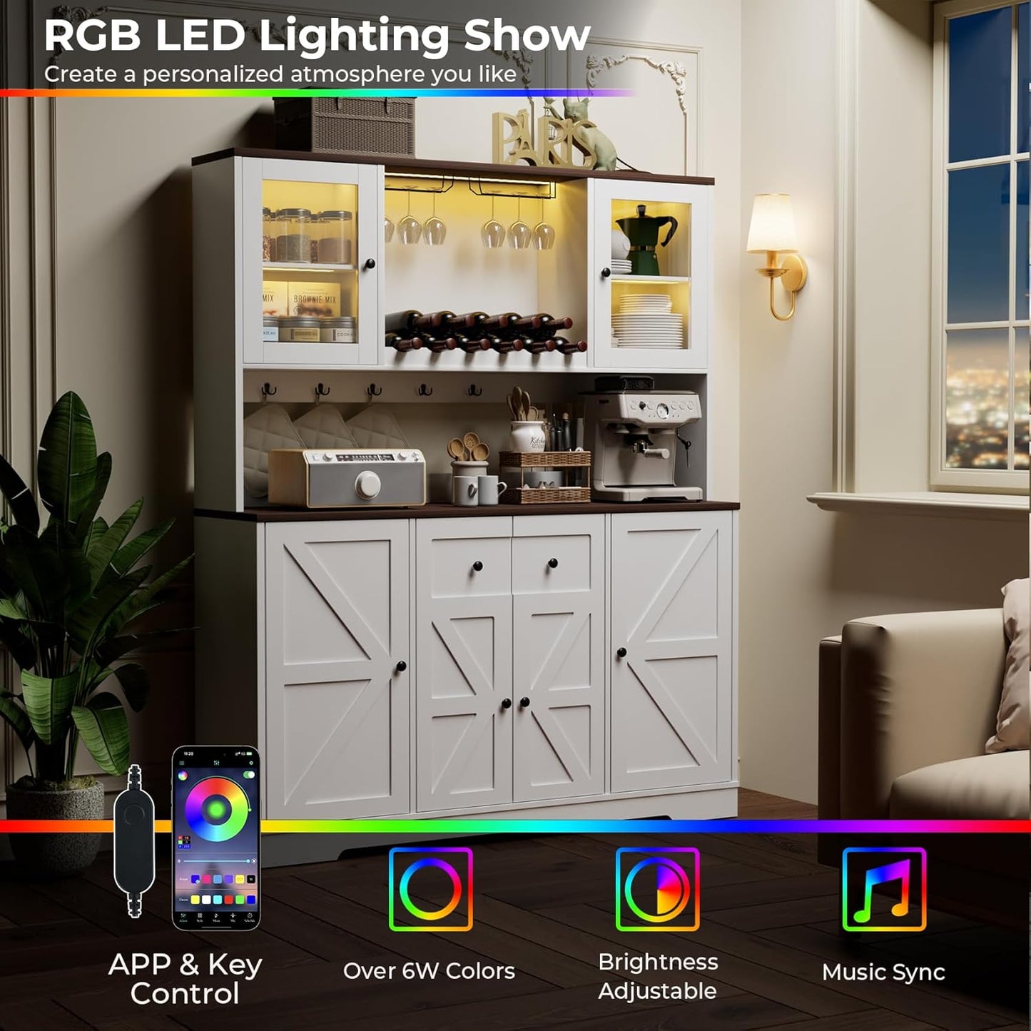 68" Tall Kitchen Pantry Storage Cabinet with Charging Station, 55" Wide Kitchen Hutch Cabinet with Large Countertop, Farmhouse Buffet Cabinet with Wine Holder & Wine Rack for Dining Room, White