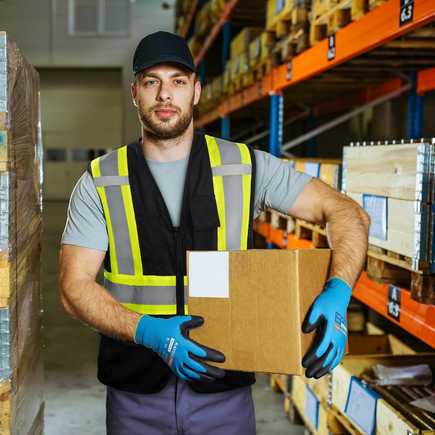 KAYGO Safety Work Gloves PU Coated for Men and Women- KG11P,12 Pairs,Seamless Knit Glove with Two Fingers Touchscreen,Ideal for General Duty Work (Blue,L)