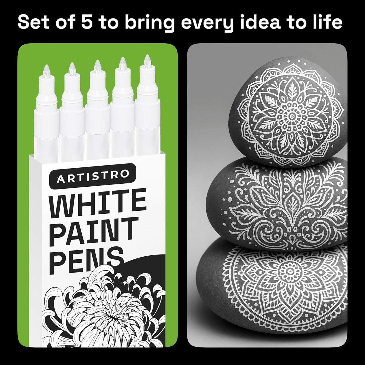 ARTISTRO 5 White Paint Pen for Rock Painting, Stone, Ceramic, Glass, Wood, Tire, Fabric, Metal, Canvas. Set of 5 Acrylic Paint White Marker Water-based Extra-fine Tip