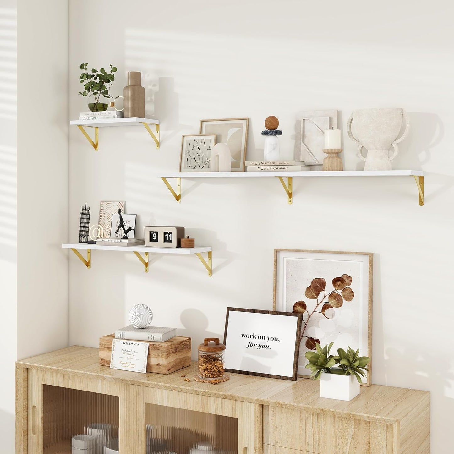 Dreamland 8 inch Deep Floating Shelves for Wall, 55 inch Long White Wall Mounted Shelves Set of 2, Wide Ledge Shelf with Gold Sturdy Metal Brackets for Living Room, Bathroom, Bedroom and Kitchen