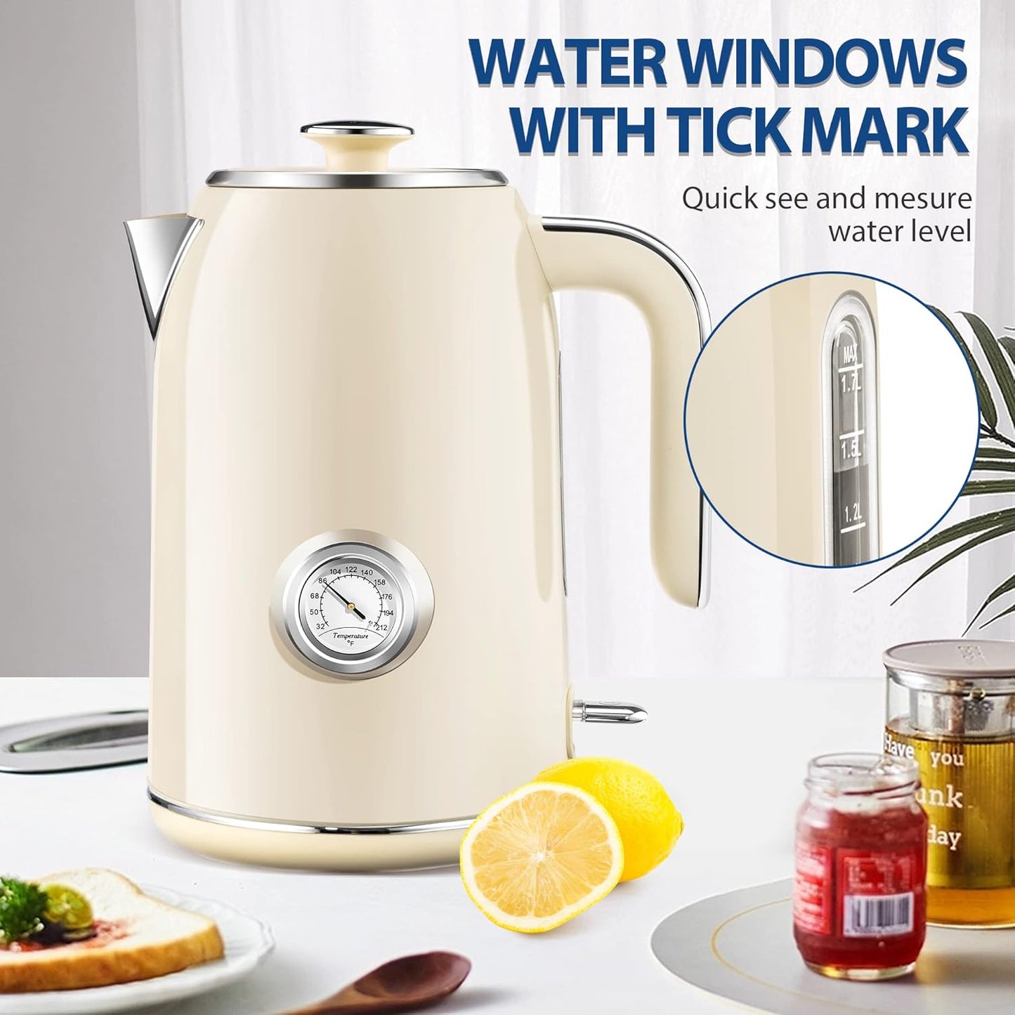 PUKOMC Electric Kettle, 1.7L Stainless Steel Tea Kettle with Temperature Gauge, 1500W Water Boiler with LED Light, BPA-Free, Auto Shut-Off and Boil-Dry Protection (Beige) Visit the Pukomc Store