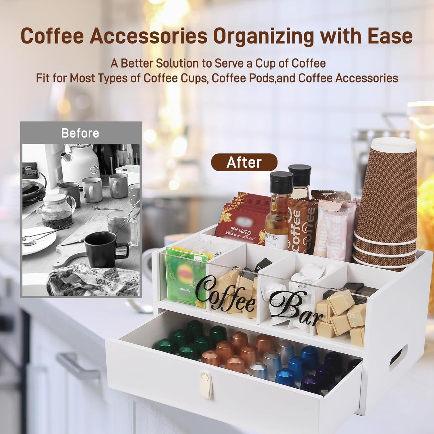 2-Tier Coffee Bar Organizer with Clear Acrylic Top, Built-in Drawer and Leather Handle Pull for Countertop, Stylish Coffee Station Storage Box for Accessories, Pods, Great Gifts for Home