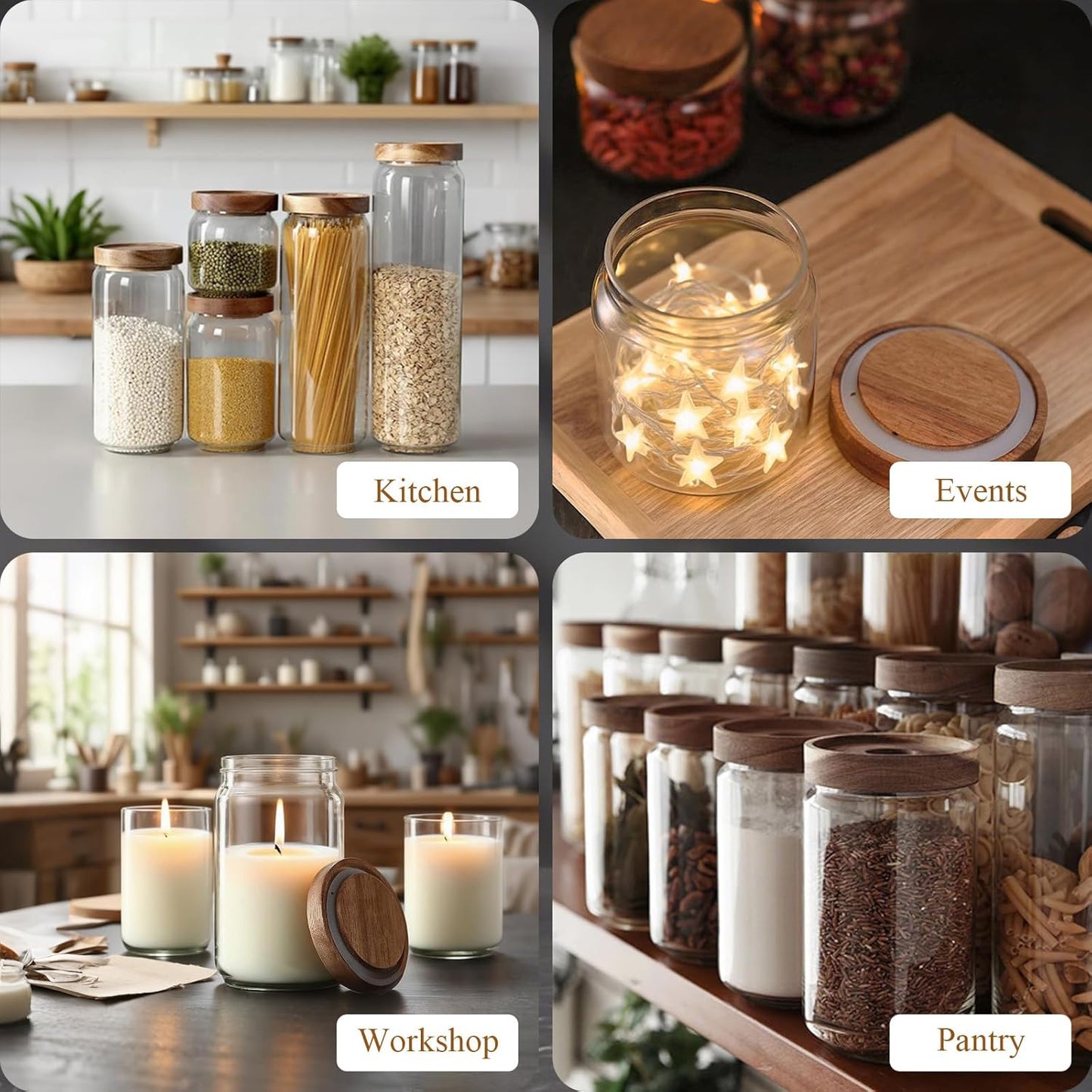 Glass Jars with Airtight Wood Lids - Small Large Kitchen and Pantry Storage Containers, Canisters for Spaghetti, Noodles, Pasta, Ground Coffee, Sugar, Cereal, Spice, Salt, Salad, Matcha, Set of 5