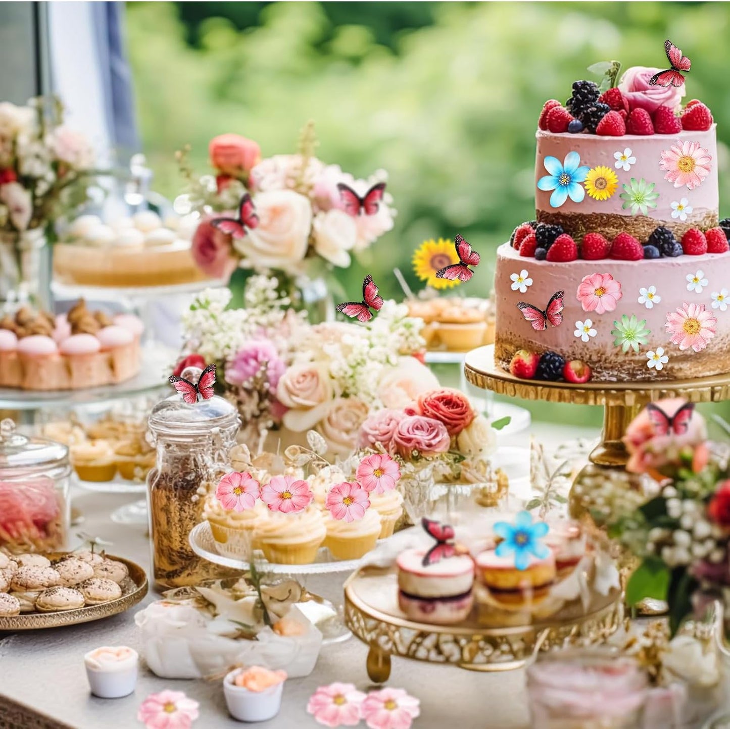 55 Pcs Edible Flowers & Butterflies Cake Decorations - Cupcake Toppers for Wedding, Birthday Party Food (Mixed Size & Colour)
