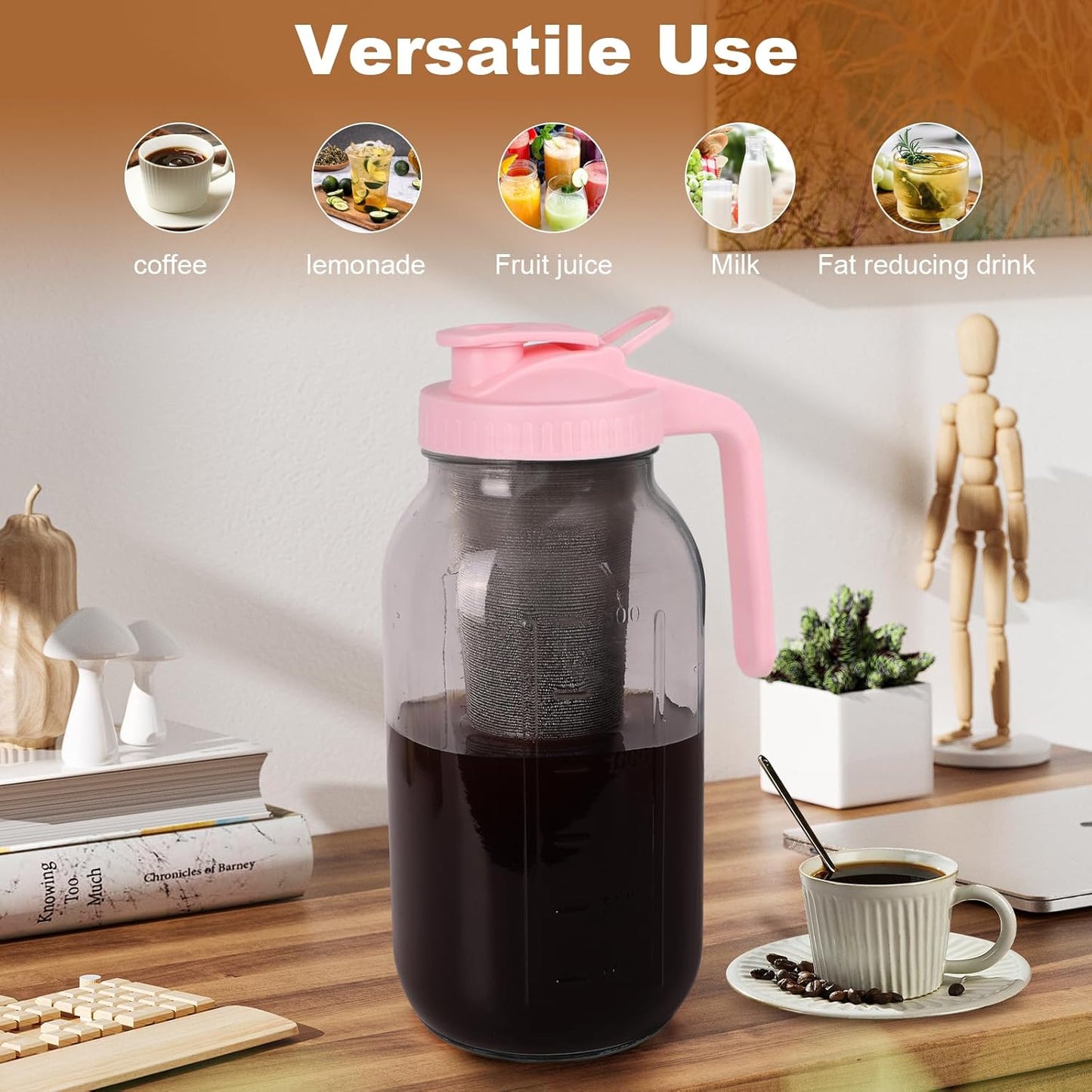 Cold Brew Coffee Maker,64 oz Wide Mouth Mason Jar Pitcher with Stainless Steel Filter, Pour Spout Handle Lid, Heavy Duty Glass Airtight & Leak-Proof Pitcher for iced coffee & Tea Lemonade-Pink