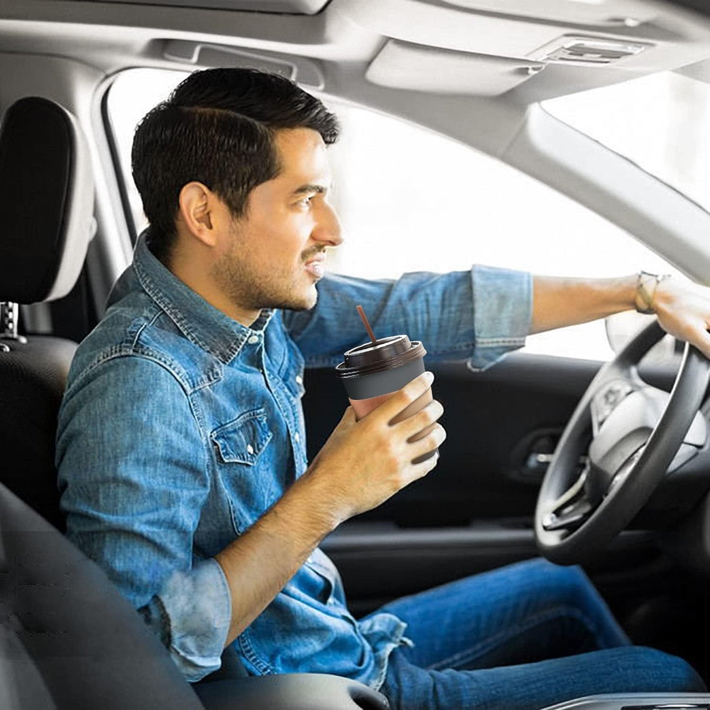 【100 Pack - 12 oz Disposable Coffee Cups To Go with Lids Sleeves and Straws 100% Biodegradable & Compostable Pla Eco Friendly Paper Coffee Cups for Tea Coffee Hot Chocolate