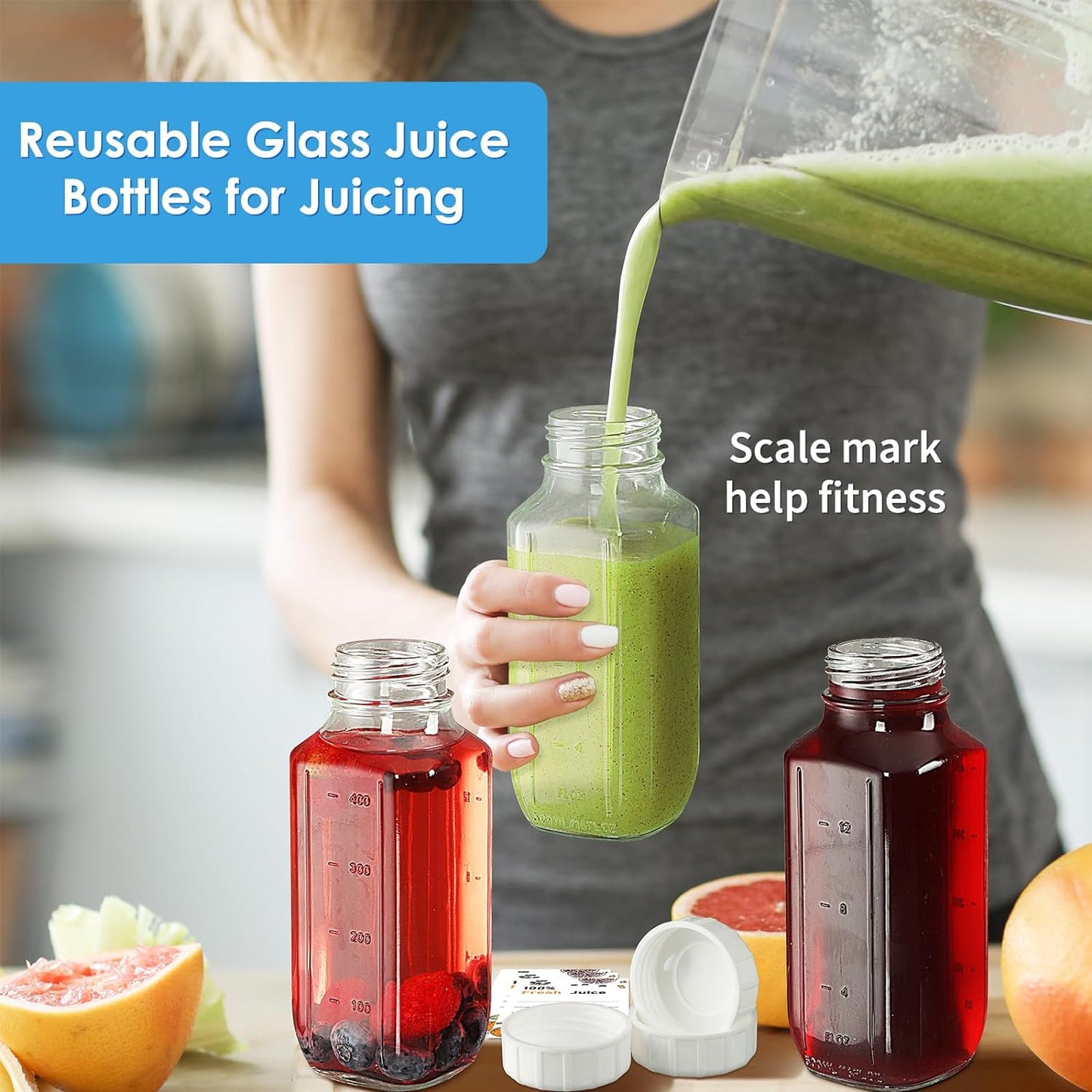 Glass Juice Bottles with Lids, 3 Pack Clear Glass Water Bottles w 2 Pour Spouts, 16 Oz Reusable Milk Jug w 100% Airtight Cap and Scale for Juicing Containers, Breast Milk Storage, Drinking Jar