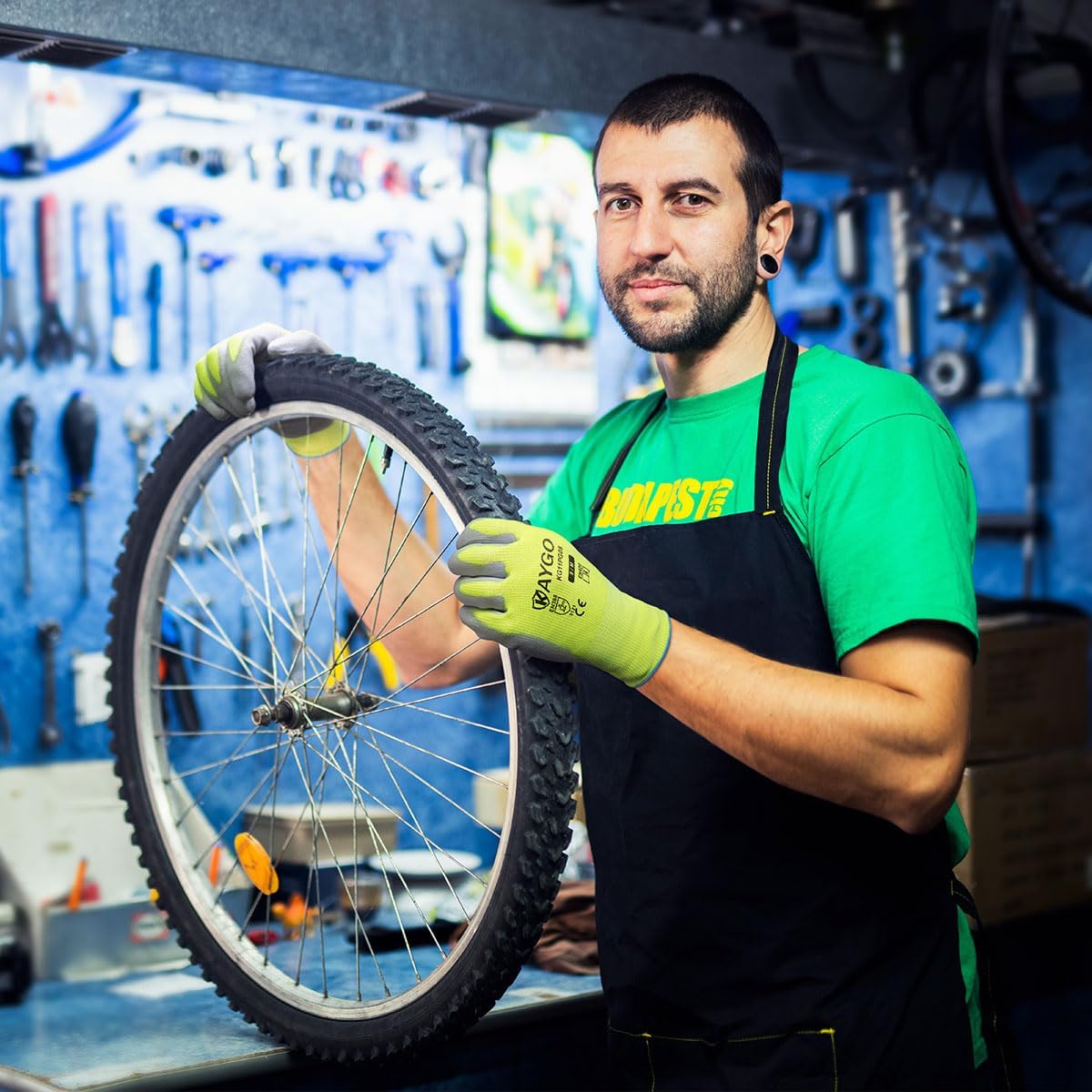 KAYGO Safety Work Gloves PU Coated-12 Pairs, KG11PB, Seamless Knit Glove with Polyurethane Coated Smooth Grip on Palm&Fingers, for Men and Women, Ideal for General Duty Work (Small, Green)