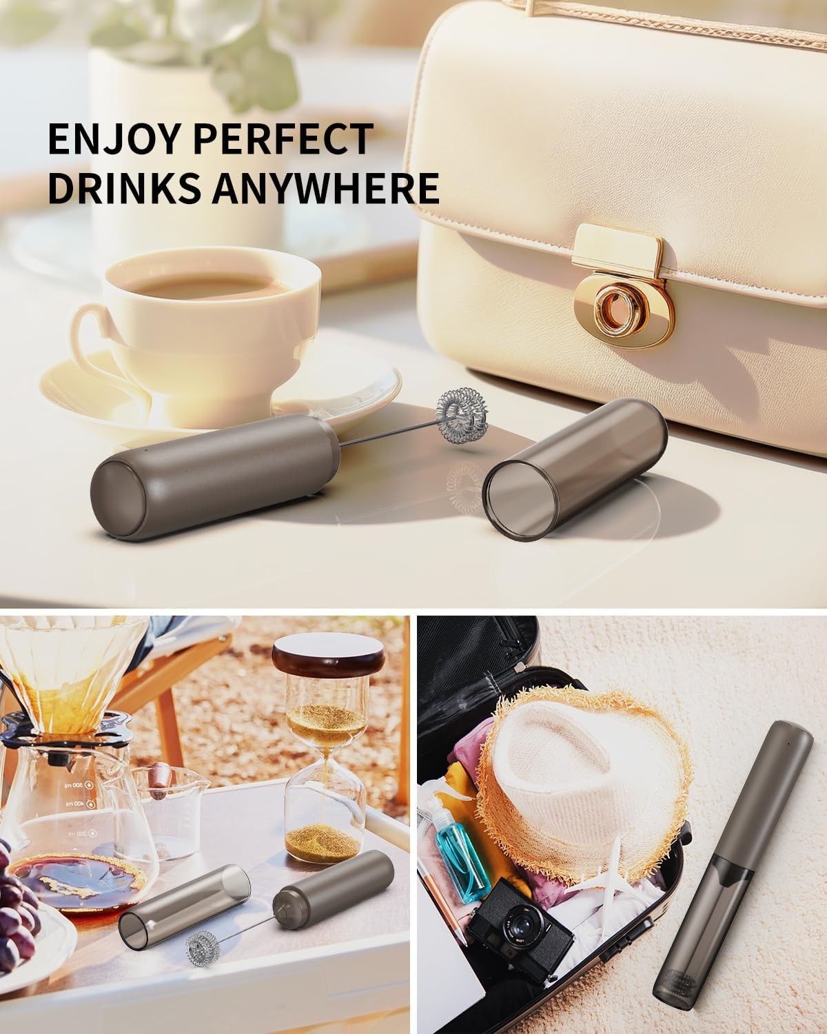 CIRCLE JOY Portable Rechargeable Milk Frother Hanheld, Dual Spring Whisk Electric Coffee Frother Wand Drink Mixer for Matcha Lattes Cappuccino, Kitchen Gifts, Brown