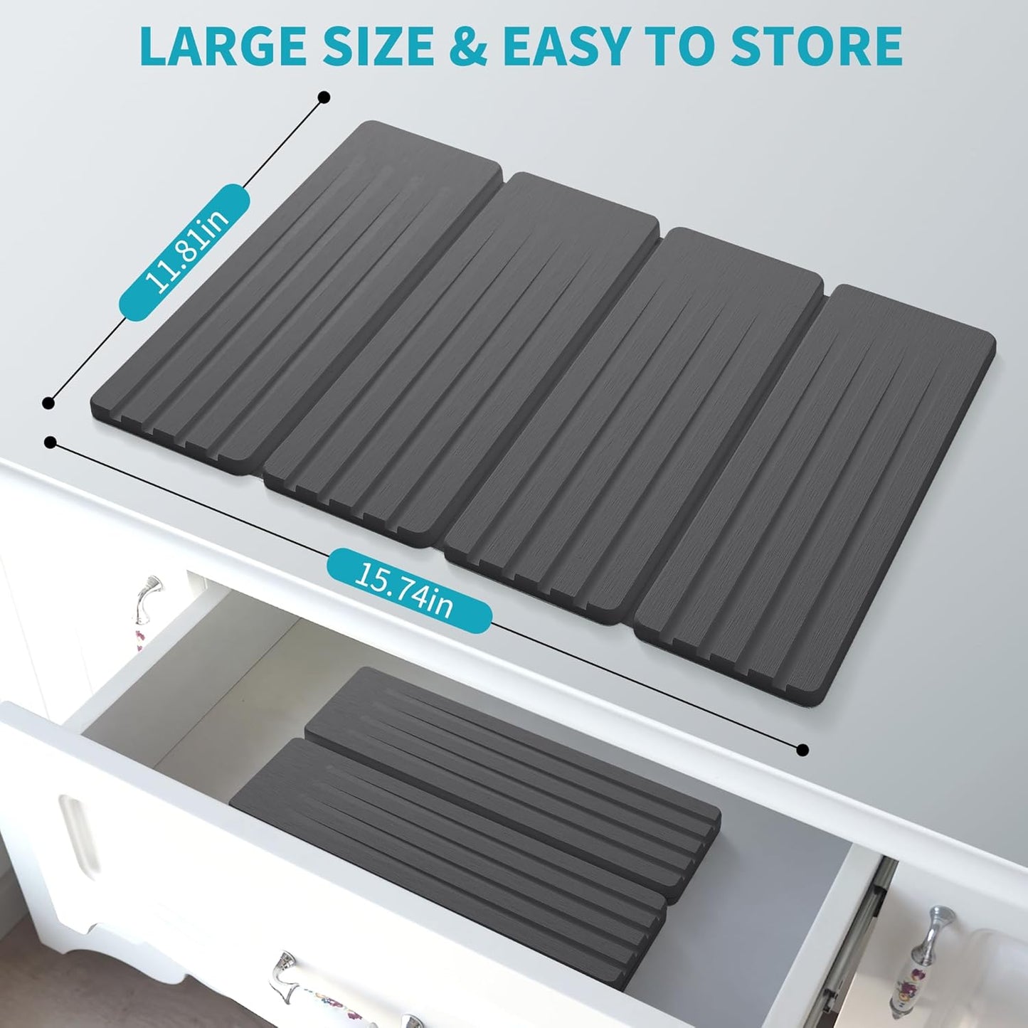 Extral Large Quick Dry Stone Drying Mat for Kitchen Counter,28x16 Inch Collapsible Eco-Friendly Absorbent Diatomaceous Earth Mat for Dishes Cups (Deep Gray-Upgraded Version, 16x12 inch)