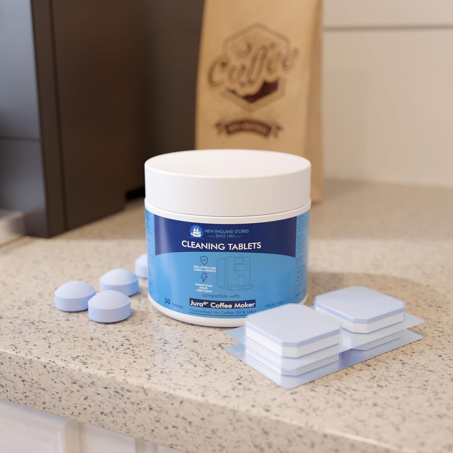 New England Stories Jura Compatible 30 Cleaning + 30 Descaling Tablets Kit - Clean Coffee Oils & Remove Limescale for Coffee Machines