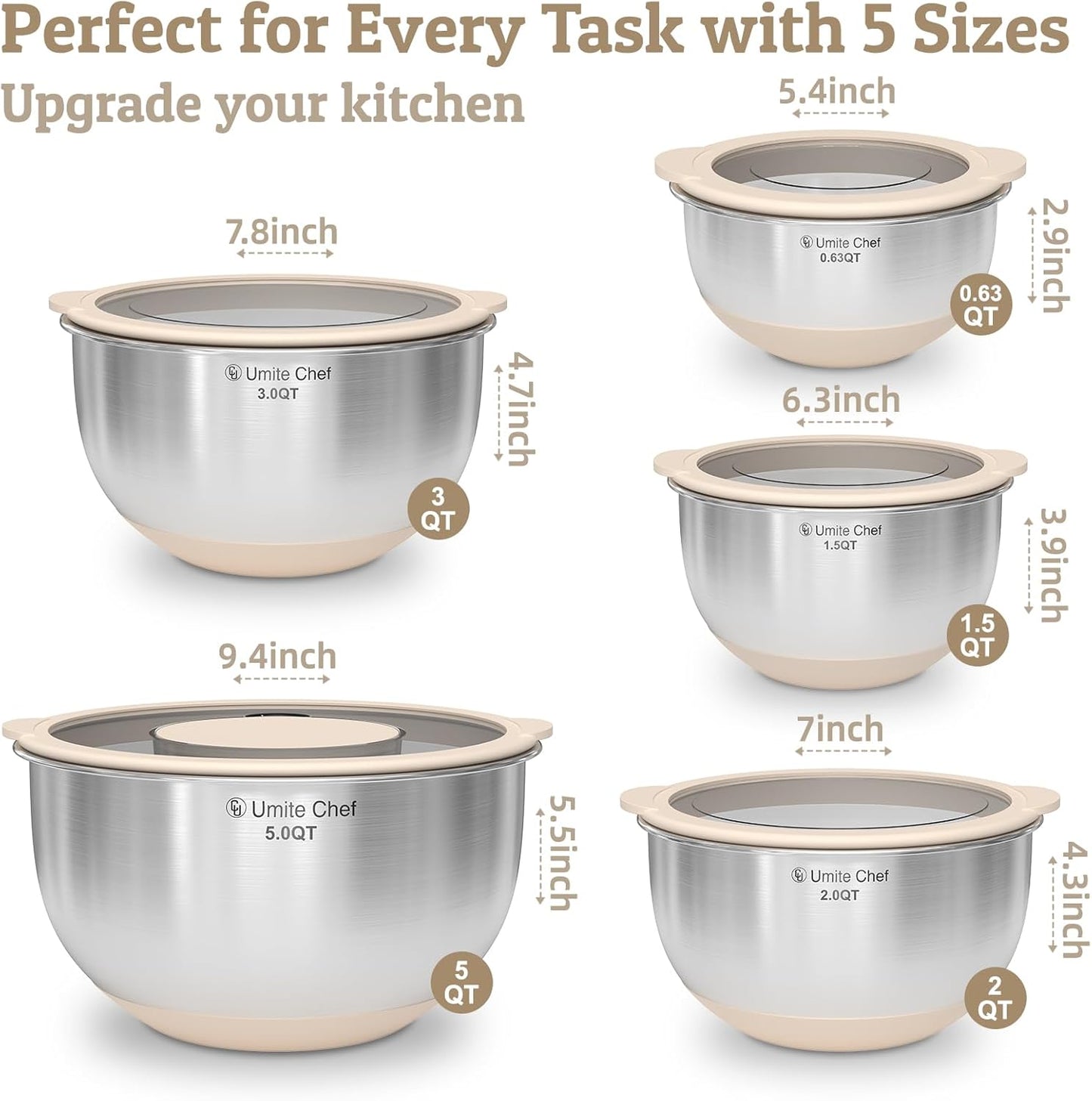 Mixing Bowles Set with Lids Set - Warp-Proof TPR-AS Lids, Stainless Steel Mixing Bowl with 3 Graters & Measuring Lines, Non-Slip Bowls for Baking, Prep, Airtight Food Storage (Khaki 5/3/2/1.5/0.63QT)