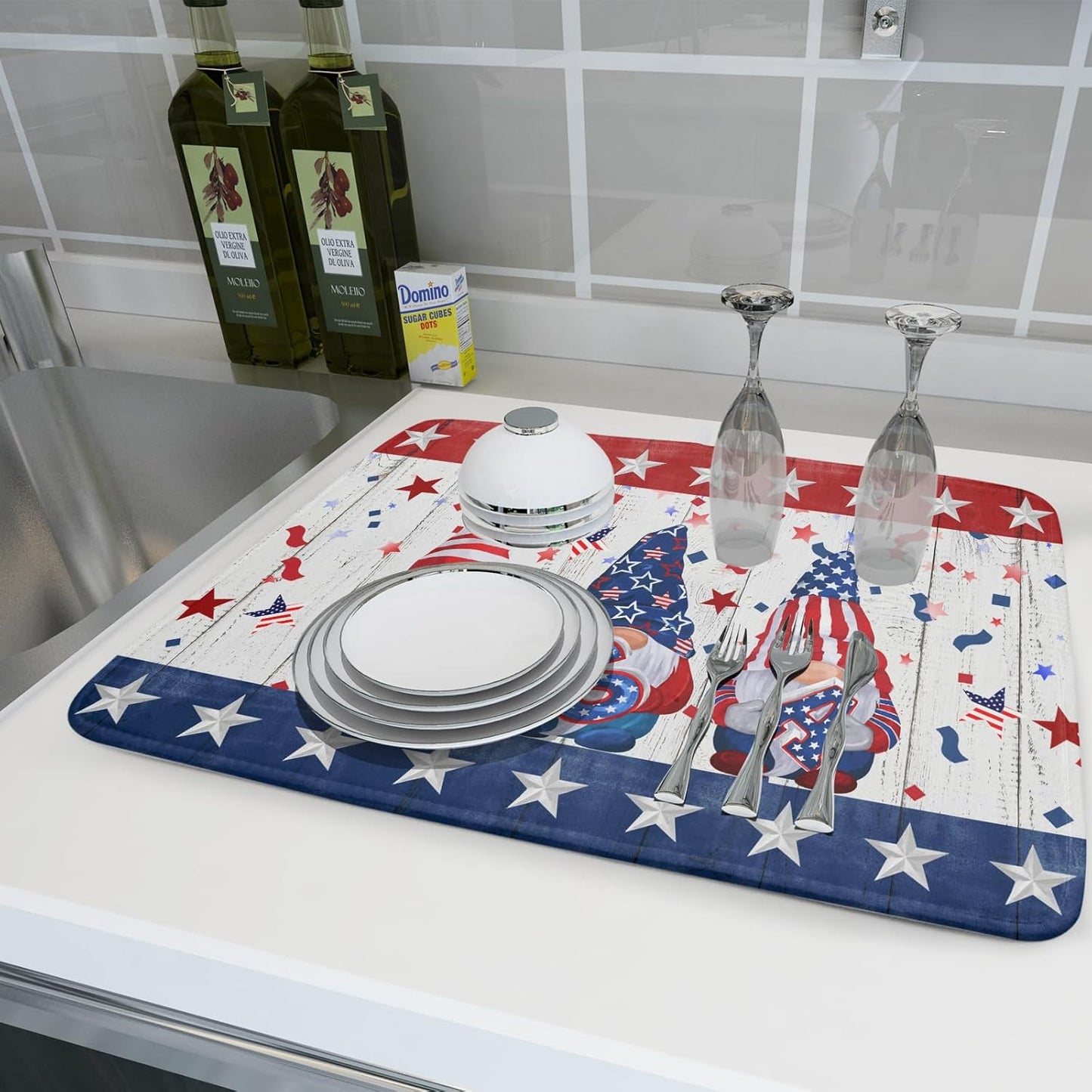 Giwawa 4th of July Gnomes Dish Drying Mat 18x24 inch Patriotic Elf Usa Stars Dish Drainer Mats Independece Day Large Microfiber Dish Drying Pad for Kitchen Countertop Holiday Decor