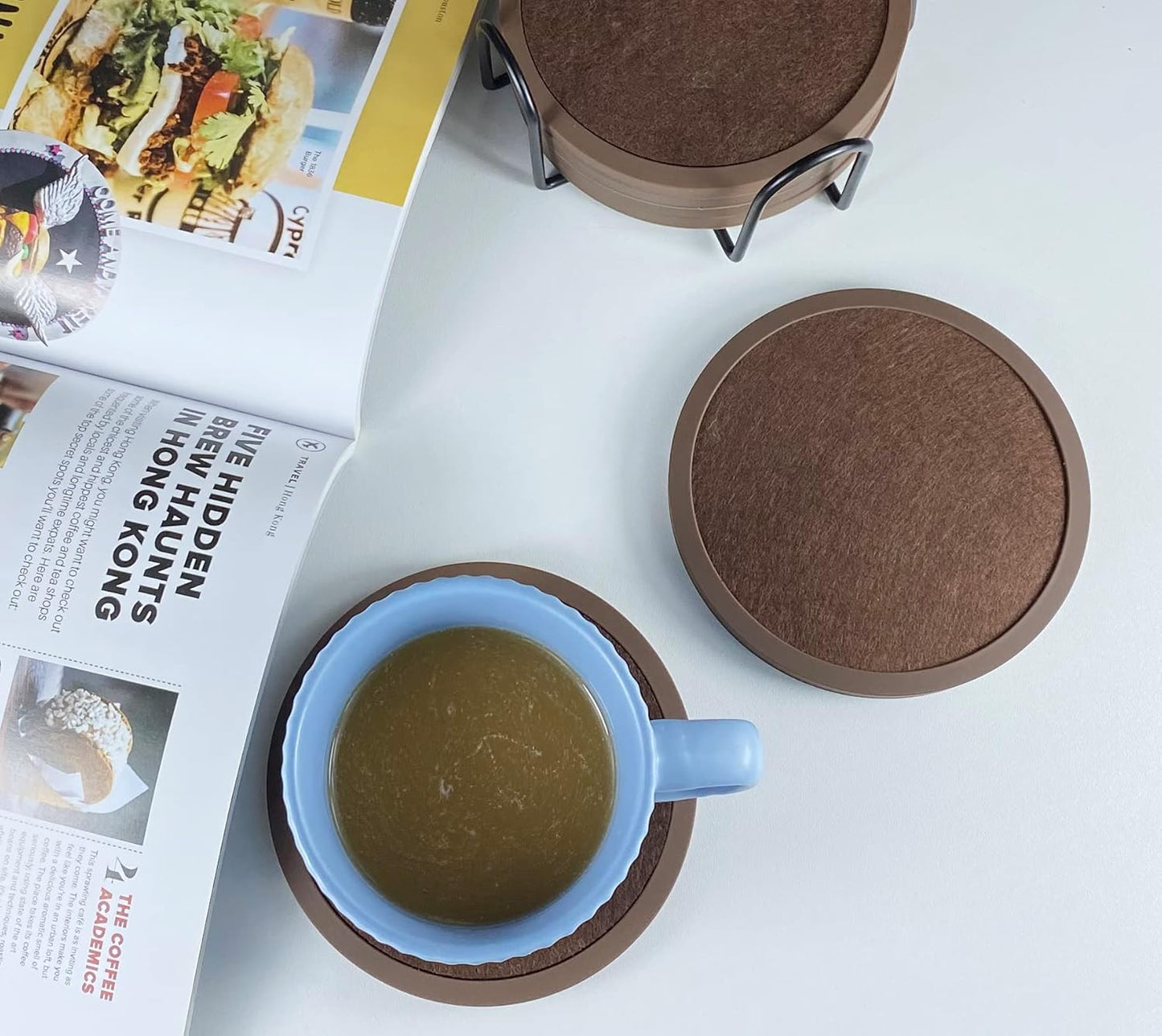 Absorbent Coasters for Drinks with Holder - 6packs, Silicone Coaster with Soft Felt Insert (4.3 inch Coasters with 4.5 inch Holder, Brown)