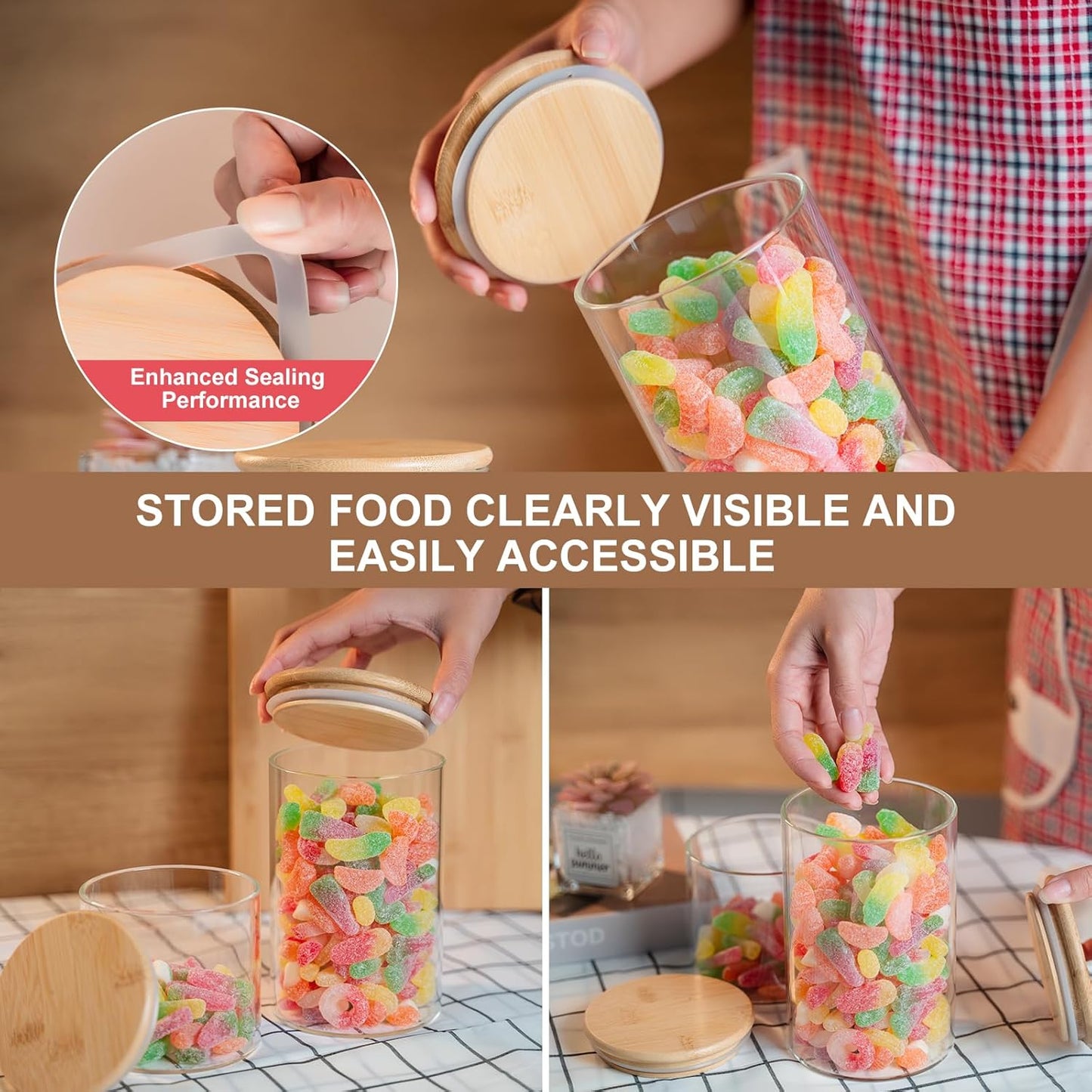 Glass Food Storage Jars 6-Pack 37oz - 4x6 in-Clear Glass Food Canisters with Bamboo Lid Airtight For Serving Tea, Coffee, Flour, Sugar, Candy, Cookie, Spice and More (Circular)