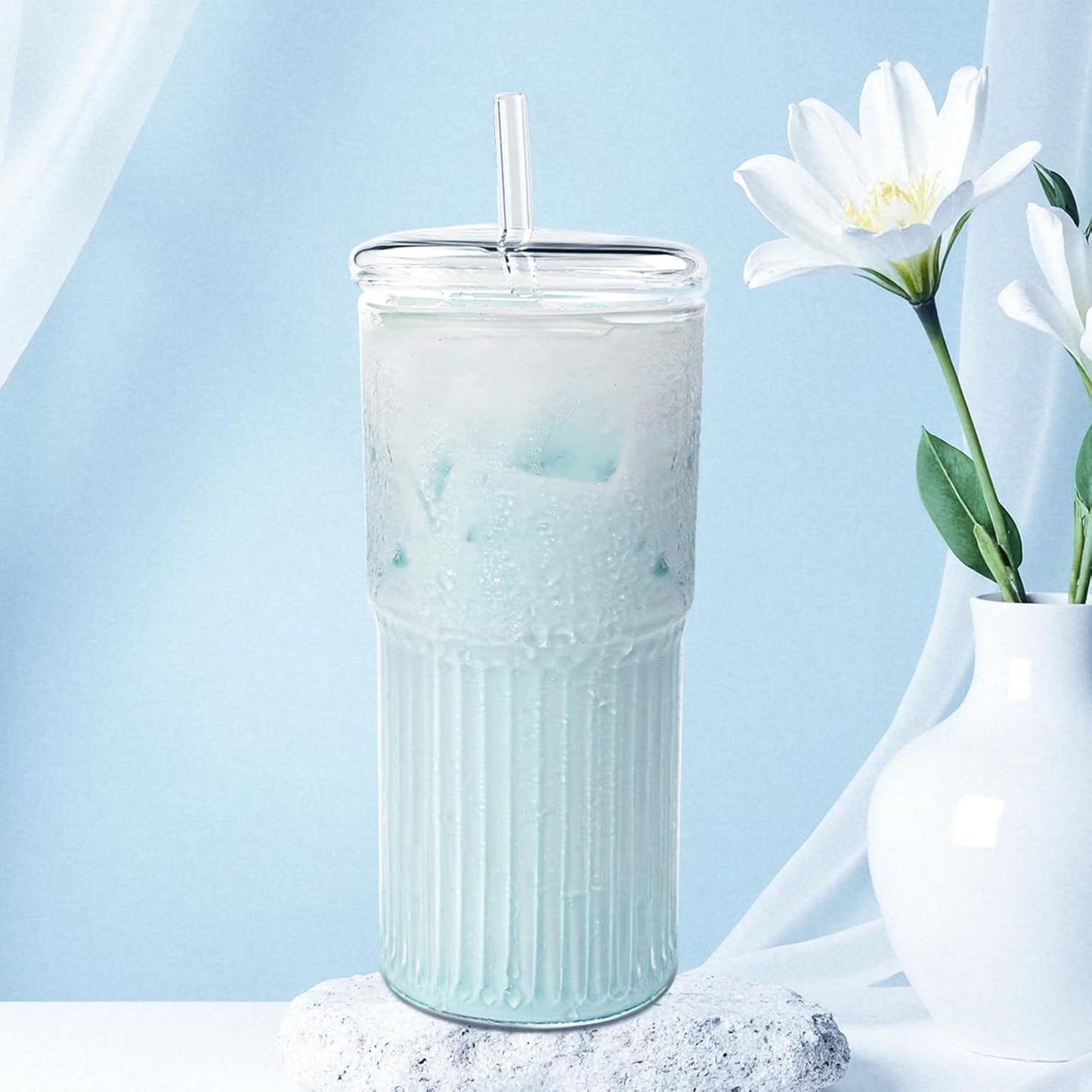 Glass Cups with Lids and Glass Straws, High Borosilicate 20OZ Tumblers (2Pcs) for Coffee, Tea, Juice, Smoothies, Hot/Cold Drinks at Home, Office