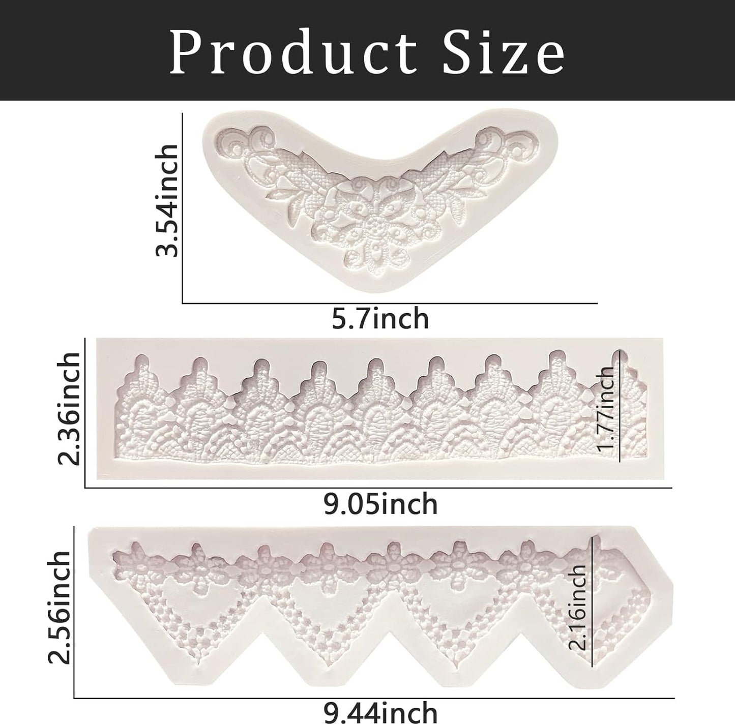 Lace Fondant Mold Set of 3, Edible Lace border Cake Decorating Imprint Mat Silicone Molds for Wedding, Valentine's Day, Chocolate, Cupcake, Cookies, Gum, Candy, Marzipan, Polymer Clay, Epoxy Crafts
