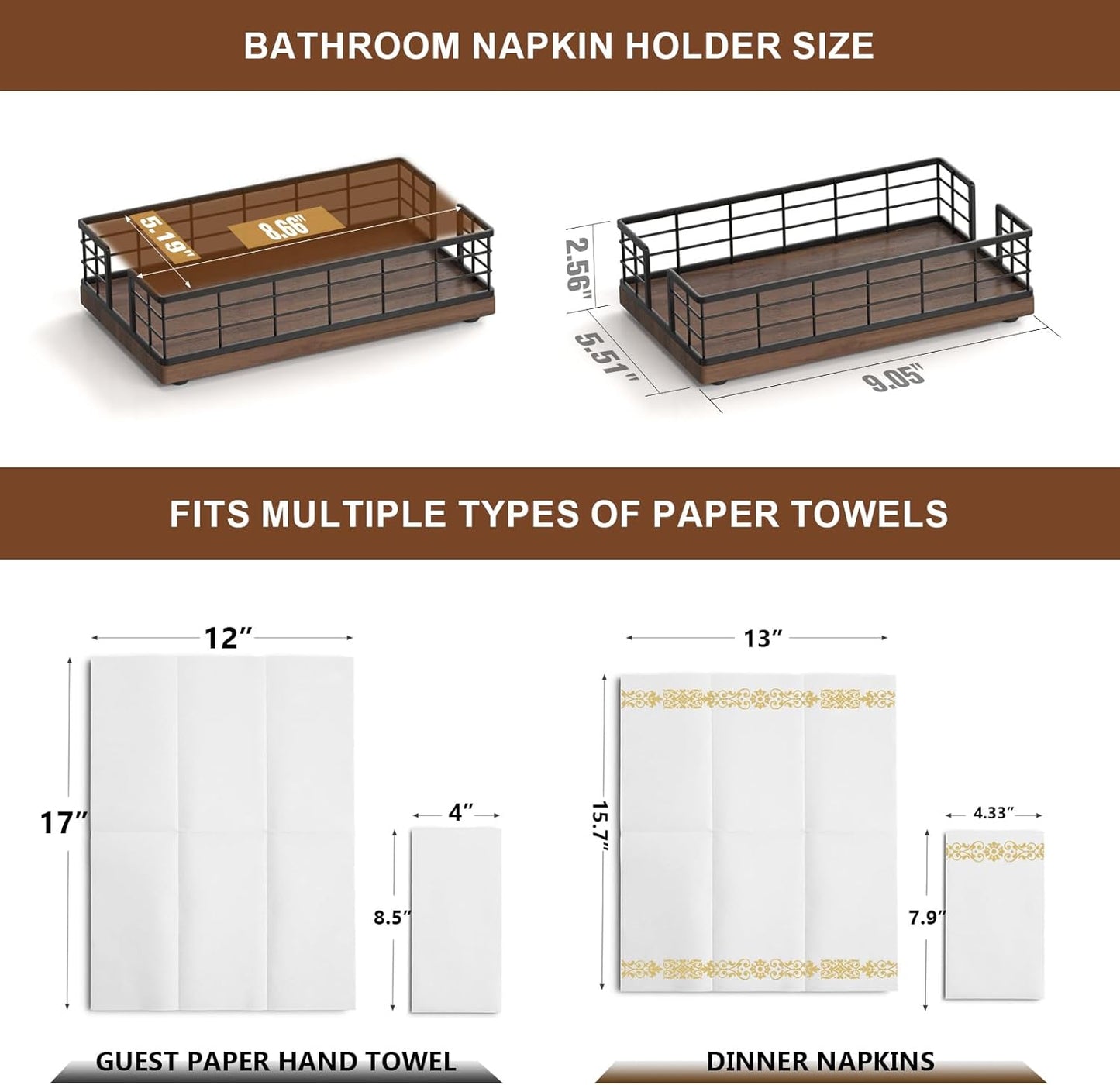 Wican Guest Towel Holder Tray for Bathroom, Oak and Iron Napkins Holder for Powder Room Dinning Table Wooden Basket for Disposable Paper Hand Towels Black & Walnut