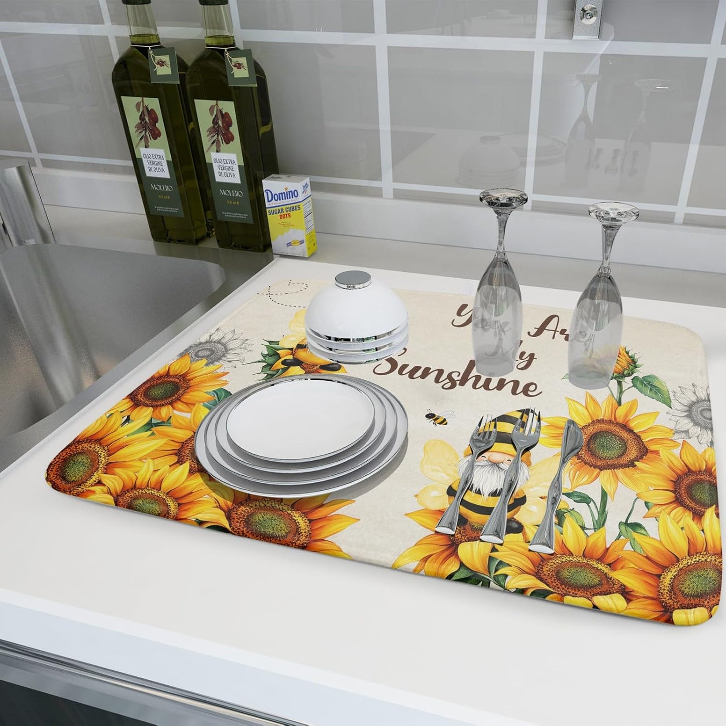 Giwawa Bee Gnomes Dish Drying Mat, Summer Sunflowers Elf Dish Drainer Mats for Kitchen Countertop, Vintage Sunshine Floral Absorbent Reversible Dish Drying Pad Decor, 18x24inches, Large