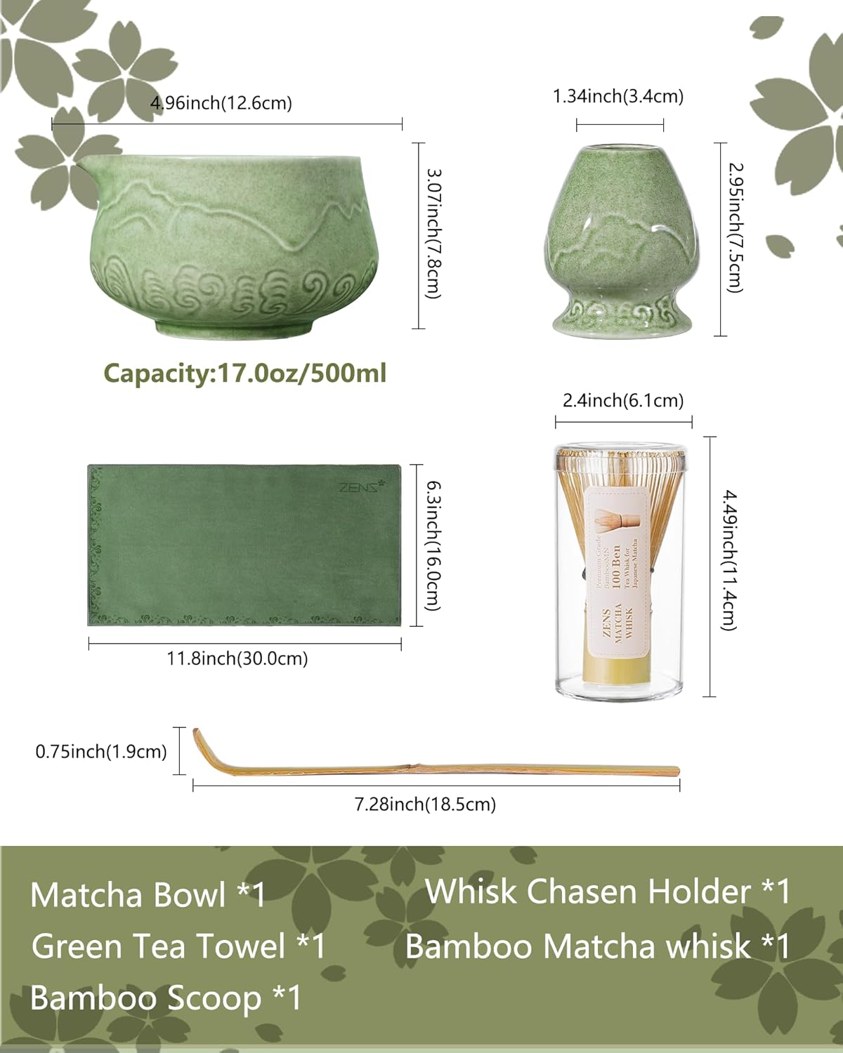 ZENS Matcha Whisk Set, 15oz Ceramic Matcha Bowl with Spout and Bamboo Whisk, (Chasen Holder) Scoop & Tea Towel, 5pcs Matcha Kit for Matcha Ceremony, Emerald Green