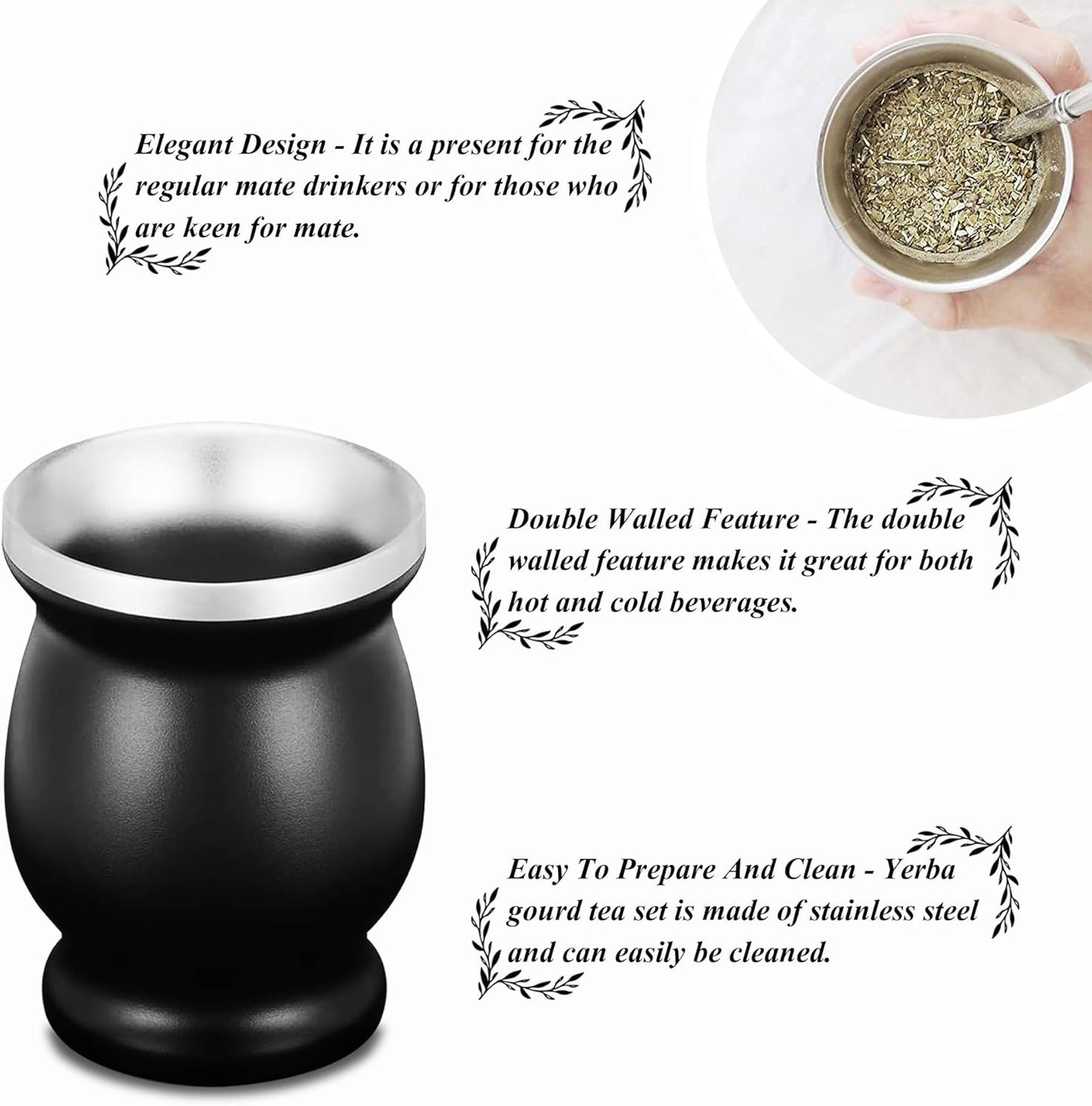 LA FEE Yerba Mate Natural Gourd/Tea Cup Set Brown (Original Traditional Mate Cup - 8 Ounces),Includes Yerba Mate Straw & Cleaning Brush,Stainless Steel | Double-Walled | Easy to Clean (Black)