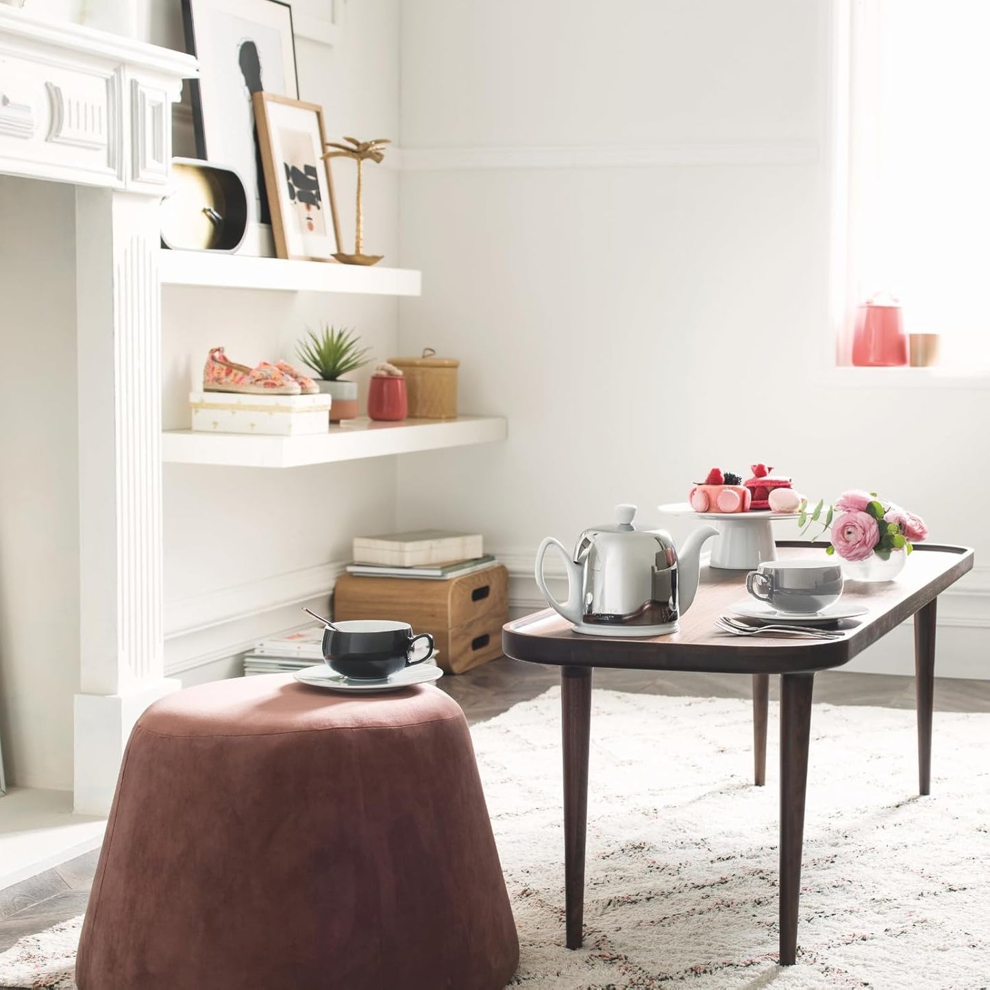 Salam Luxury French Tea Pot - Porcelain Teapot with Brushed Aluminum Cover, Ceramic Tea Kettle for Loose Tea, Removable Infuser, 4 Cup Capacity, 24oz - Pink